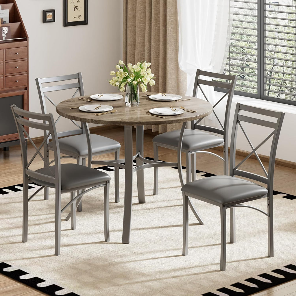 VECELO 5 Piece Dining Table Set for 4 with Chairs, Wood Grain Tabletop, Small Space, Kitchen, Breakfast Nook, Grey