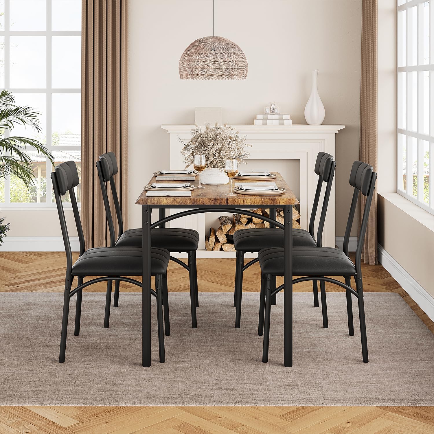 GarveeHome Dining Table Set for 4, Kitchen Table with 4 Upholstered Chairs, Wood Rectangular Dining Table and Chairs Set, for Small Space, Apartment, Dinner, Rustic Brown