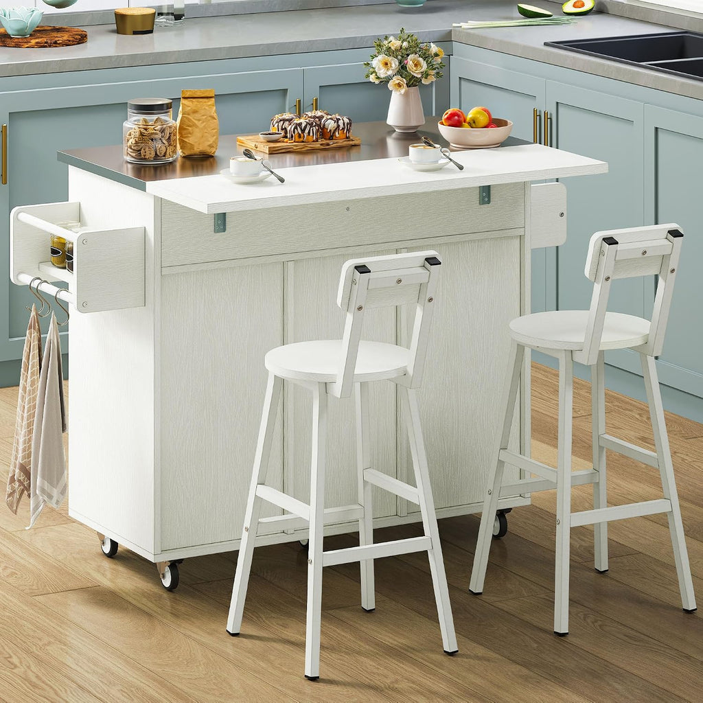 DWVO Kitchen Island with Seating, Mobile Kitchen Storage Island with Drop Leaf Countertop, Large Kitchen Island Table with Drawers, Cabinets, Bar Stools, Towel Rack and Spice Rack, White