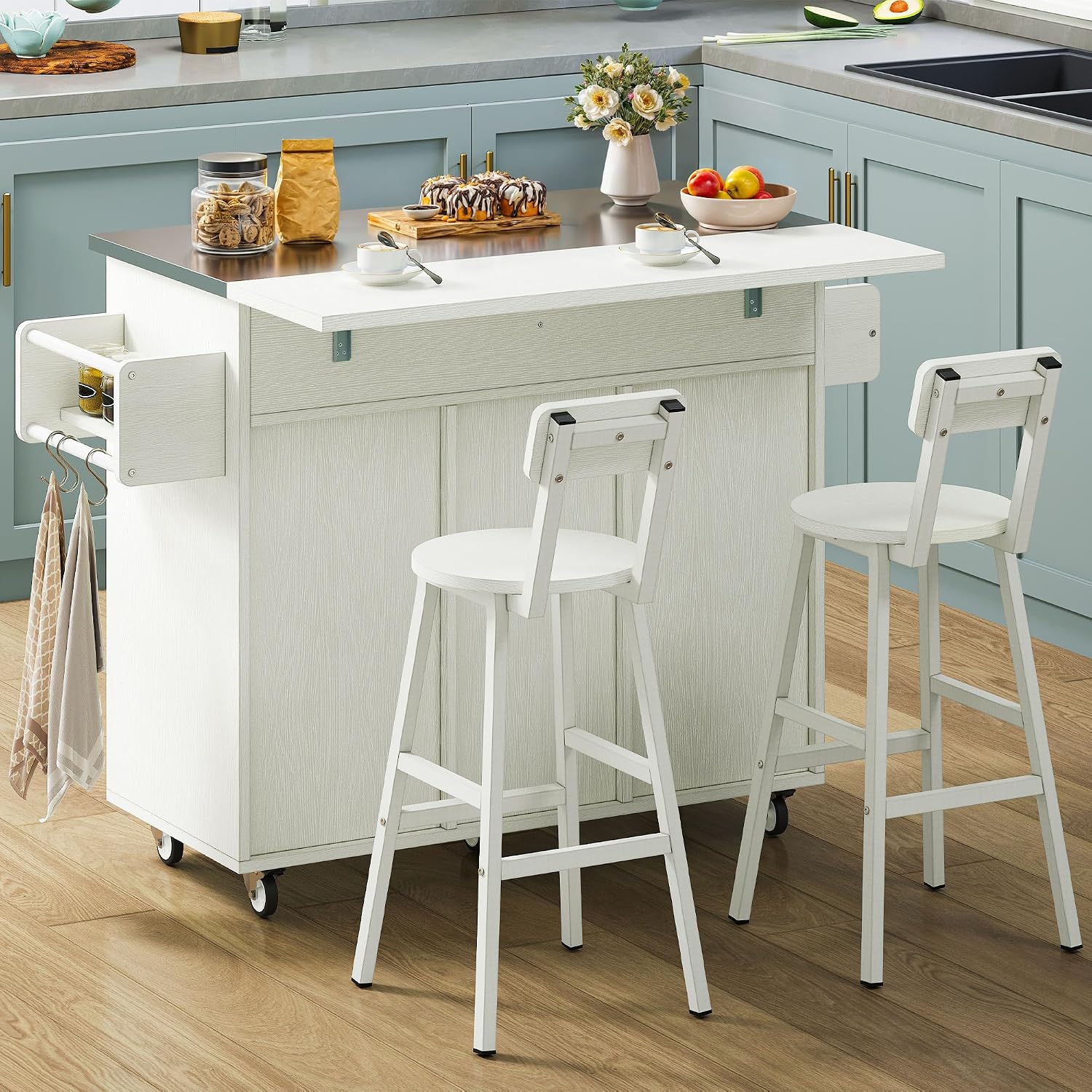 DWVO Kitchen Island with Seating, Mobile Kitchen Storage Island with Drop Leaf Countertop, Large Kitchen Island Table with Drawers, Cabinets, Bar Stools, Towel Rack and Spice Rack, White