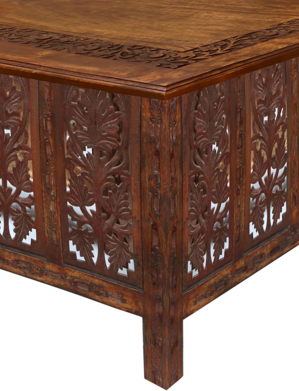 COTTON CRAFT Solid Wood Coffee Table – Hand Carved Center Table with Foldable Legs – Decorative Table for Living Room Small Spaces Entryway Bedroom - No Tools Assembly - 30 x 20 x 18 - Antique Brown