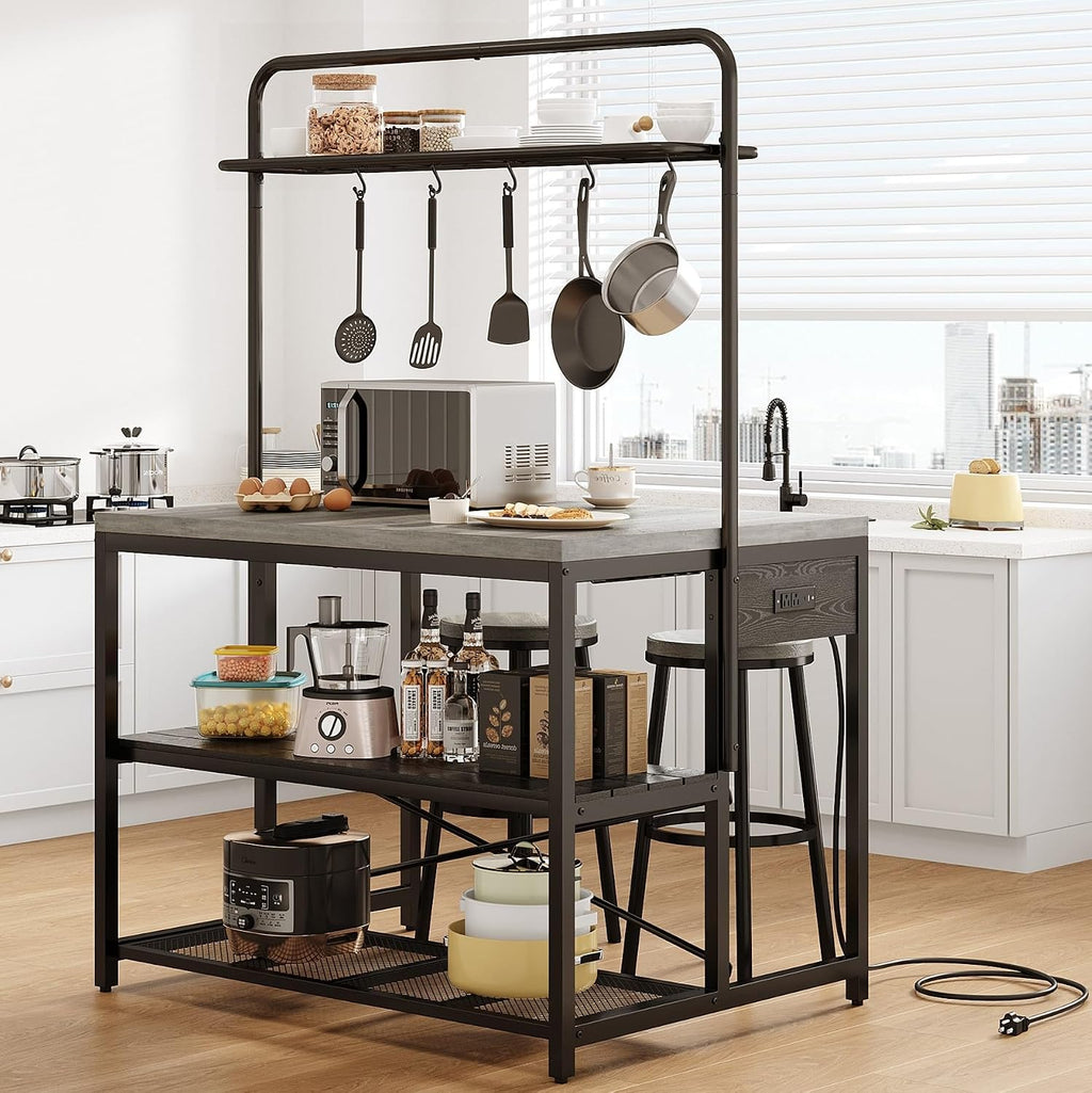 46' Large Kitchen Island Table Baker Rack with Power Outlet and 3-Tier Storage-Microwave Stand Oven Shelf, Metal Coffee Bar Table,Kitchen Storage Shelf for Dining Living Room, 5 Hooks,Grey