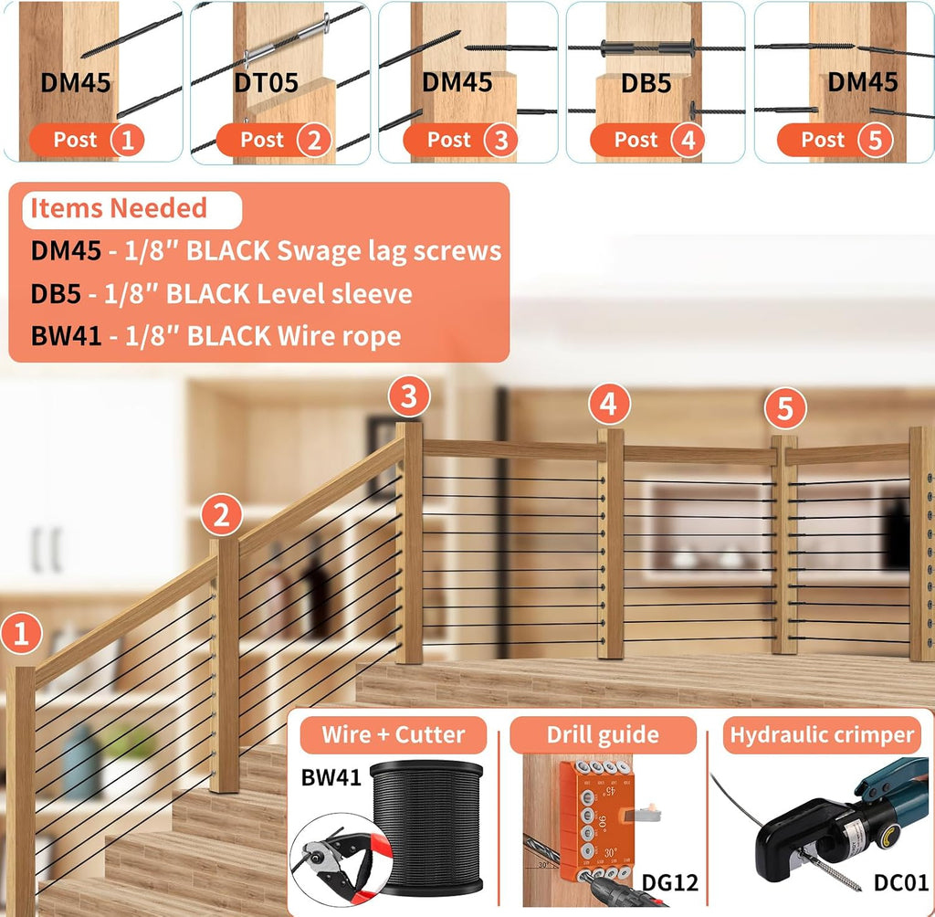 Steel DN Mate 1000ft Black Wire Rope 1/8' T316L Marine Grade Stainless Steel Cable 7 × 7 Strands for Stair Fence Deck Cable Railing System, with Wire Cutter