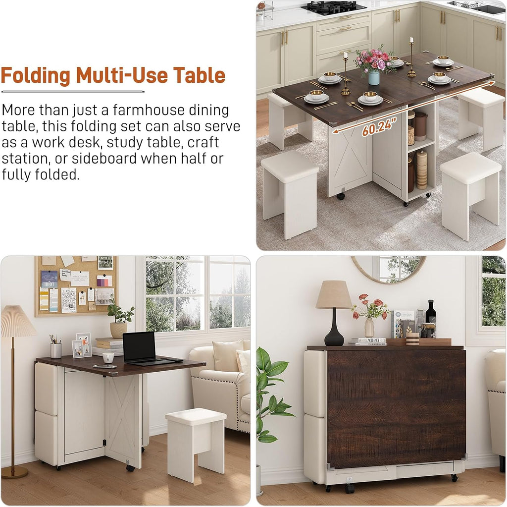 5 PCS Farmhouse Dining Table Set for 4,60' Large Folding Dining Table Set w/ 4 Leather Chairs, Drop Leaf Foldable Kitchen Table for Small Spaces,Barn Door Design,6 Wheels,2-Layer Storage Shelf,Brown