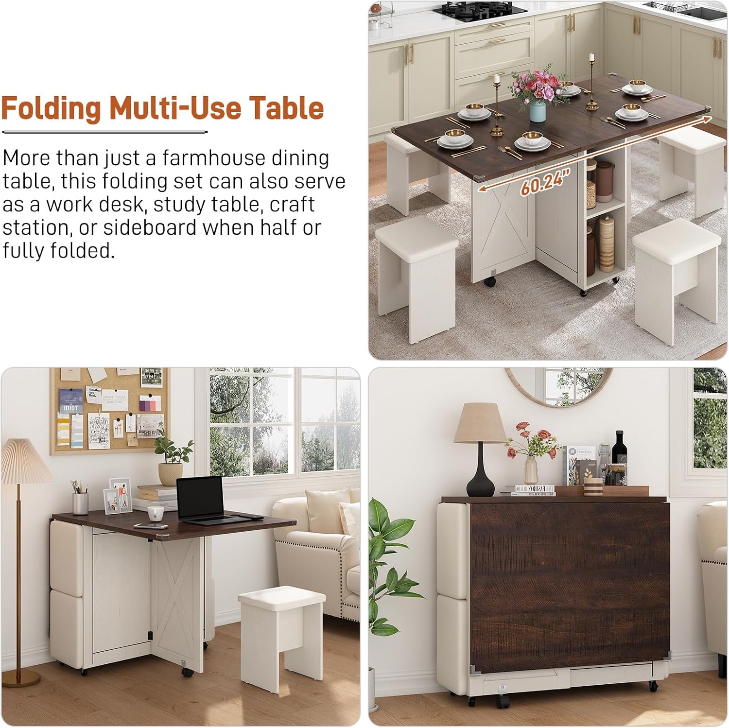 5 PCS Farmhouse Dining Table Set for 4,60' Large Folding Dining Table Set w/ 4 Leather Chairs, Drop Leaf Foldable Kitchen Table for Small Spaces,Barn Door Design,6 Wheels,2-Layer Storage Shelf,Brown