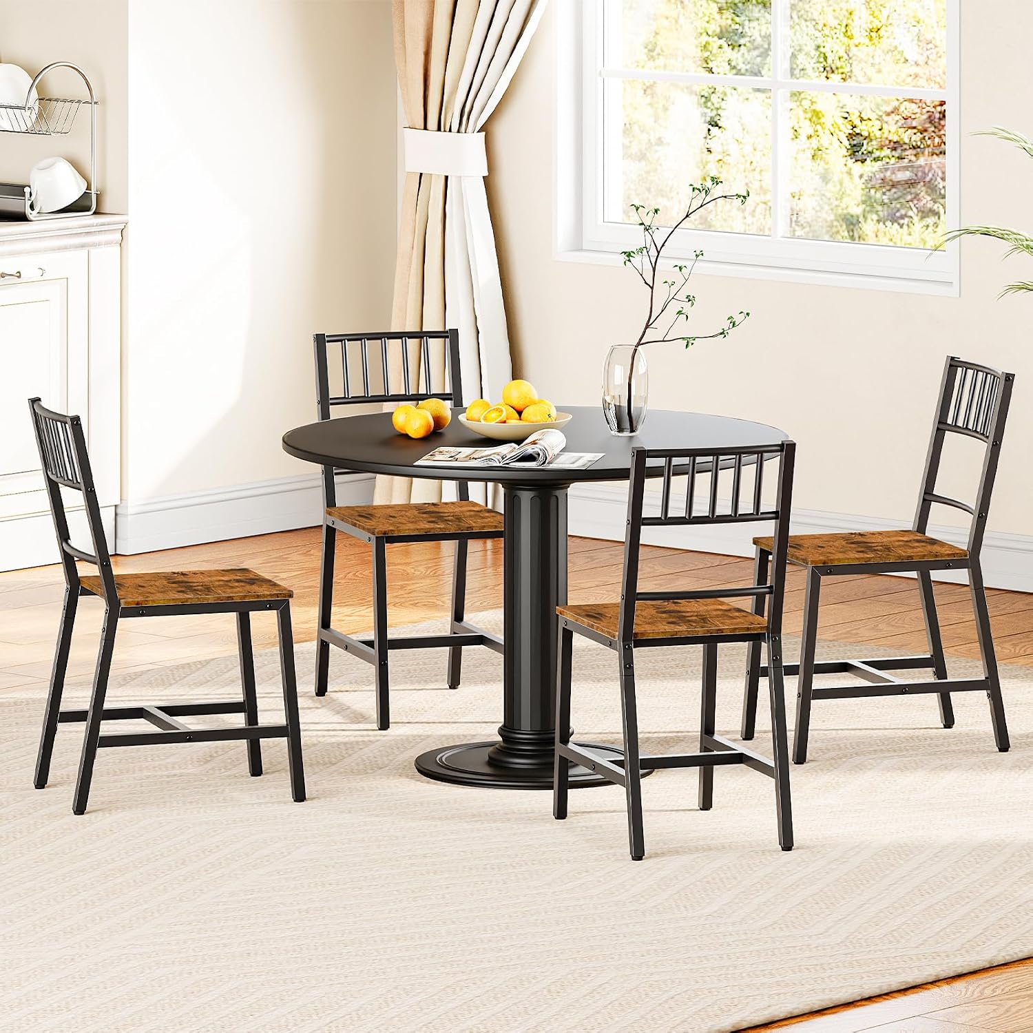 HOOBRO Dining Chairs Set of 4, Wooden Kitchen Chairs with Metal Frame, Industrial Dining Chairs with Back, Easy to Assemble, Farmhouse Dining Chairs for Living Room, Rustic Brown and Black BF39CDP401