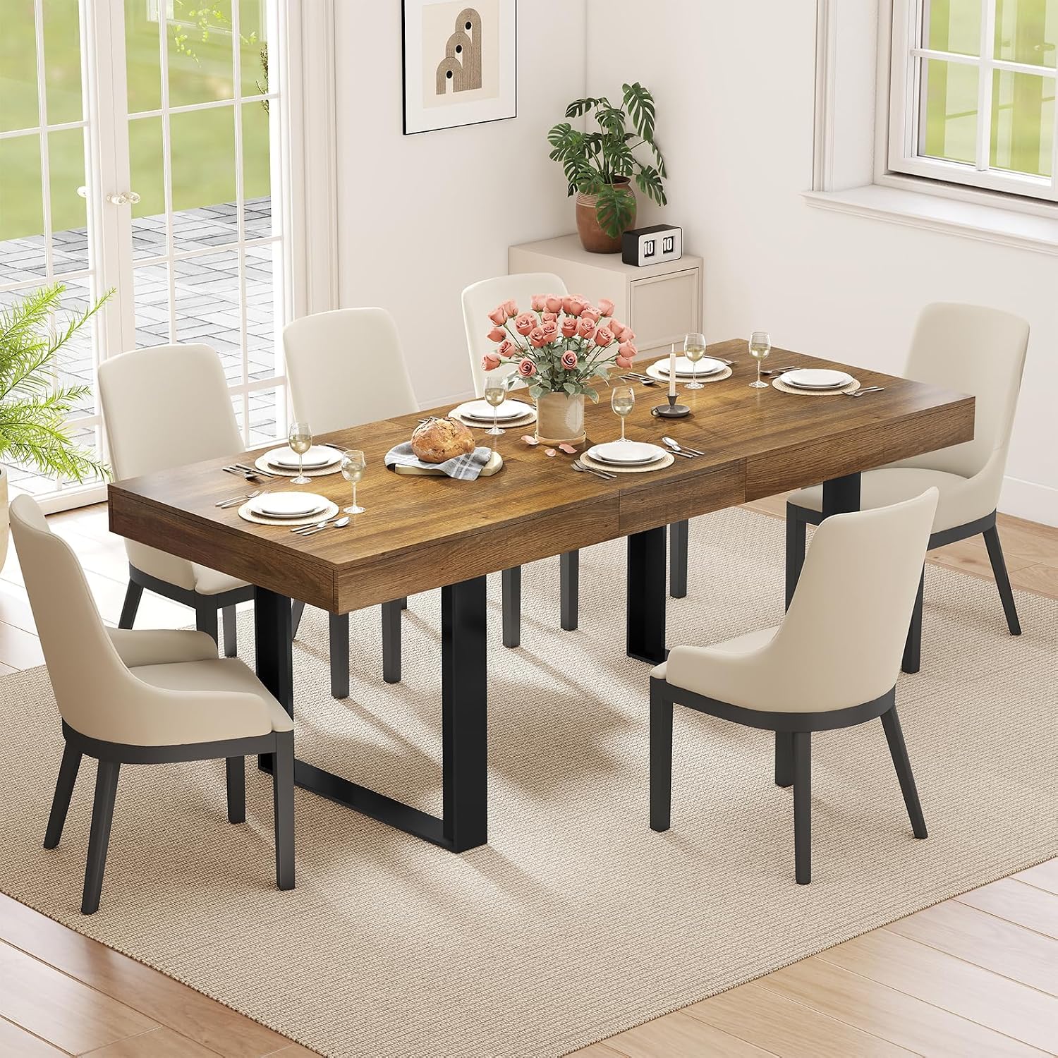 Zevemomo 63'-78.7' Expandable Dining Table, 6-8 Extendable Dining Table, Rectangle Conference Table, Farmhouse Kitchen Table with Slide Track, Tapered U-Shaped Wood Legs for Office, Living Room-Brown