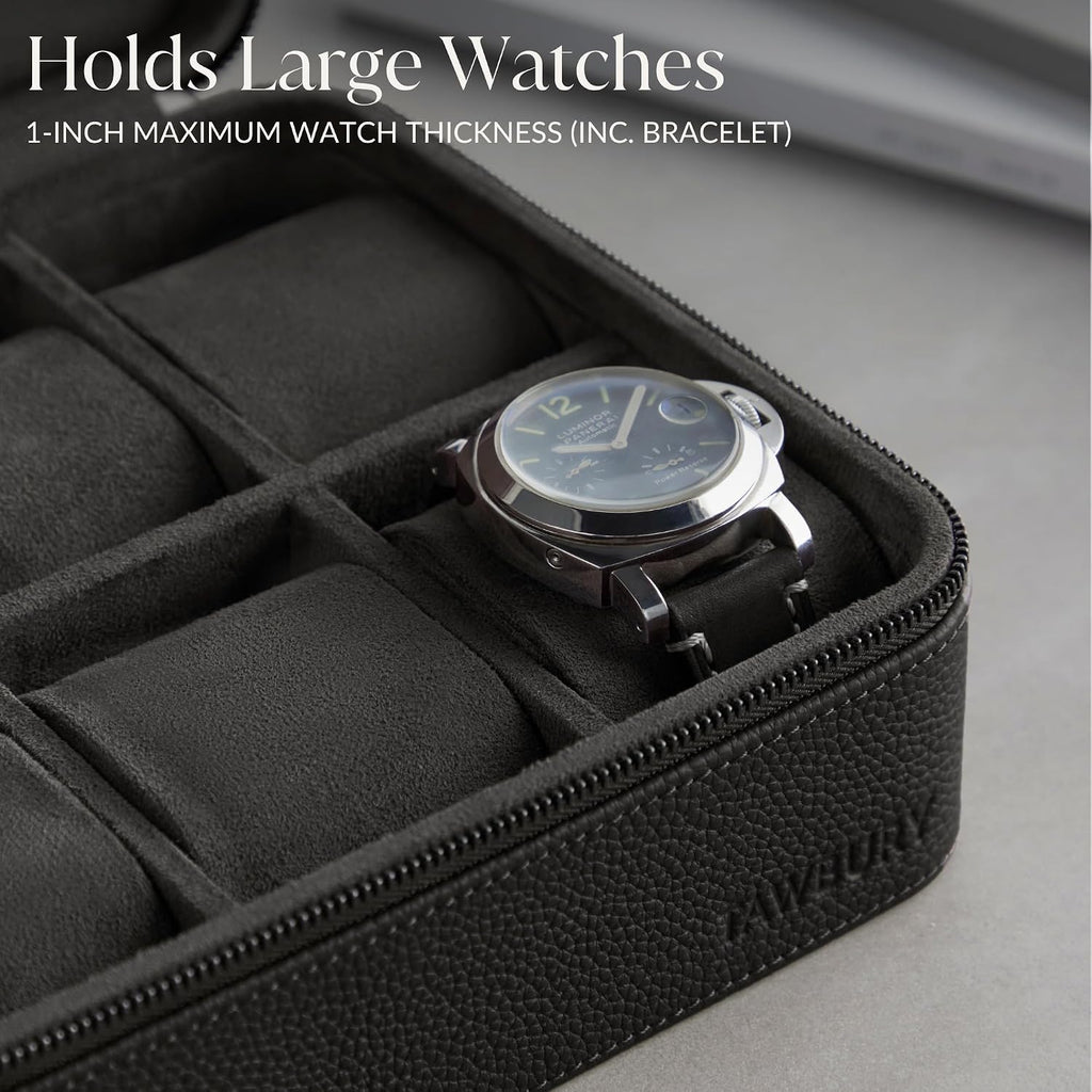 TAWBURY Watch Case - 8 Slot Genuine Top-Grain Leather Watch Box for Men & Women with Extra Wide Pillows for Large Watches - Portable Wristwatch Storage for Home & Travel (Black)