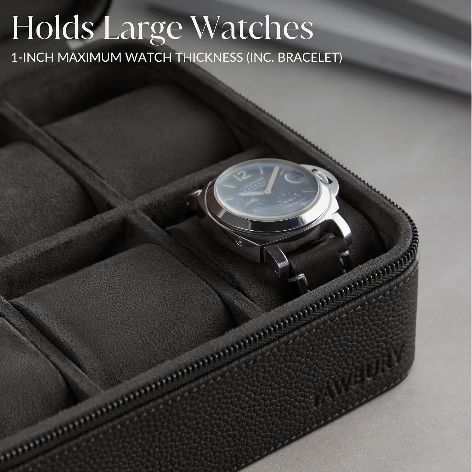 TAWBURY Watch Case - 8 Slot Genuine Top-Grain Leather Watch Box for Men & Women with Extra Wide Pillows for Large Watches - Portable Wristwatch Storage for Home & Travel (Black)