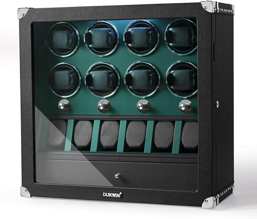 DUKWIN Watch Winder for 4/6/8 Automatic Watches, Lockable Winders with Watch Holders and Jewelry Storage, Super Quiet Motor with High-Gloss Finish, Built-in Illumination