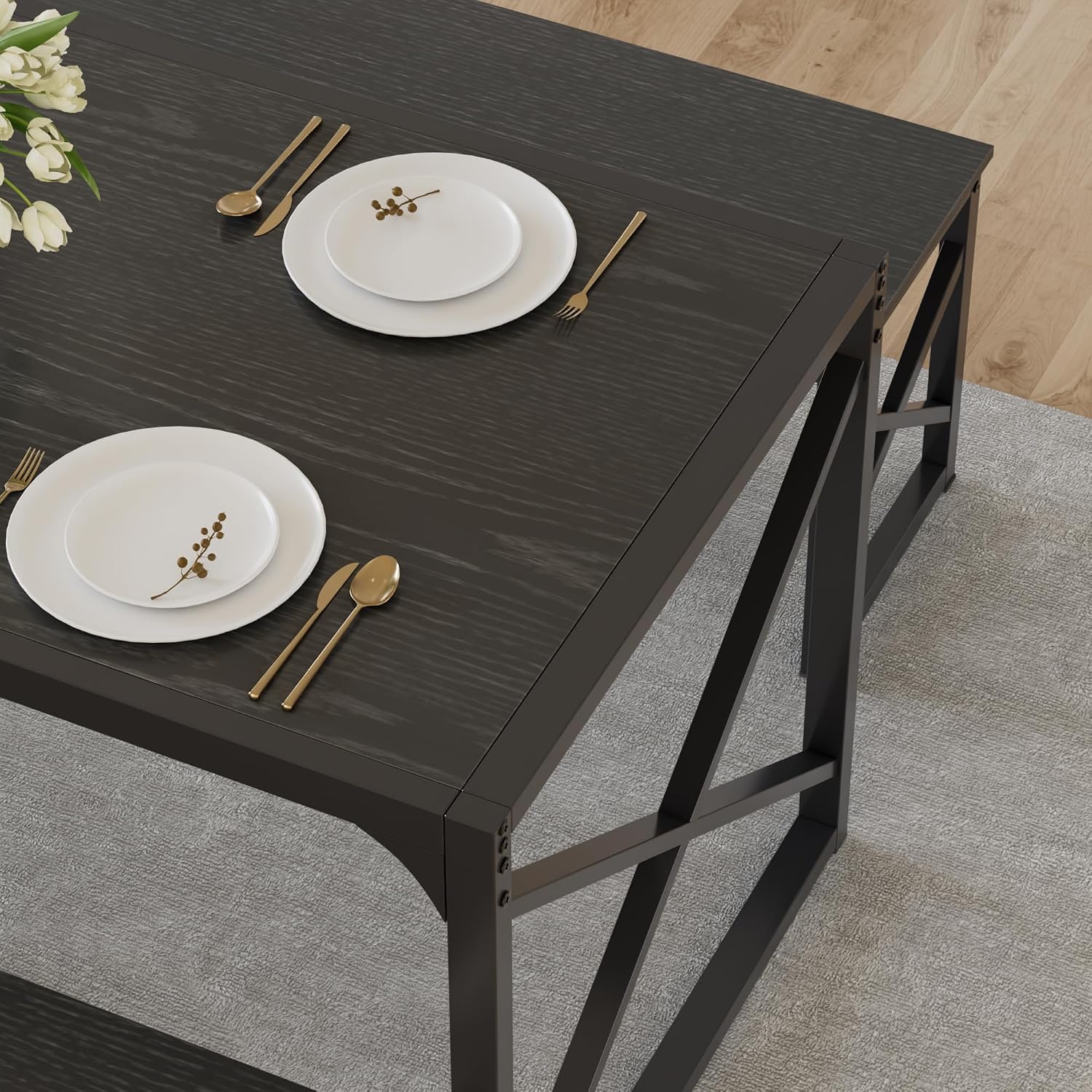 VECELO 55' Kitchen Dining Table Set for 4, Heavy-Duty Steel Frame & Wood-Grain Tabletop, Spaving Saving Dinette Sets with 2 Benches for Breakfast Nook and Small Space, Black