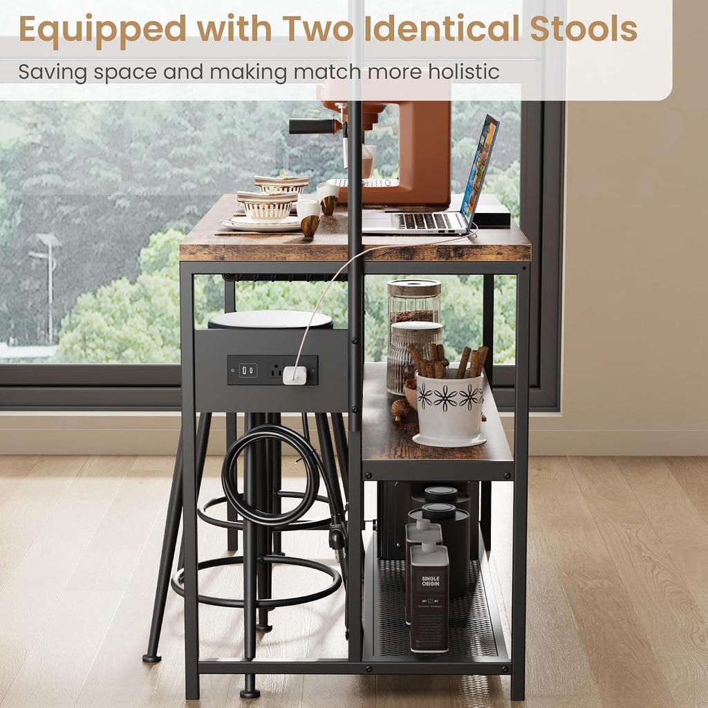 Garvee Kitchen Island with Power Outlet & 2 Bar Stools, Industrial Bakers Rack with 3-Tier Shelves & 5 Hooks, Microwave Stand Coffee Bar Table for Dining Room, Living Room, Apartment