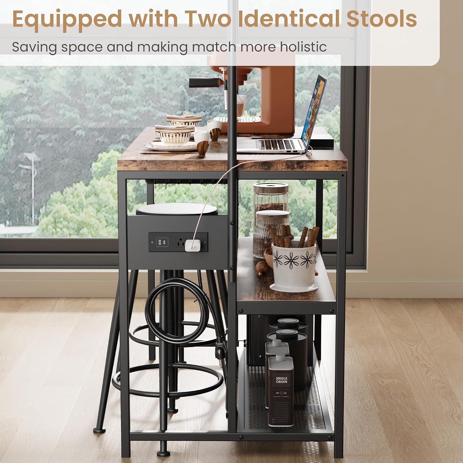 Garvee Kitchen Island with Power Outlet & 2 Bar Stools, Industrial Bakers Rack with 3-Tier Shelves & 5 Hooks, Microwave Stand Coffee Bar Table for Dining Room, Living Room, Apartment