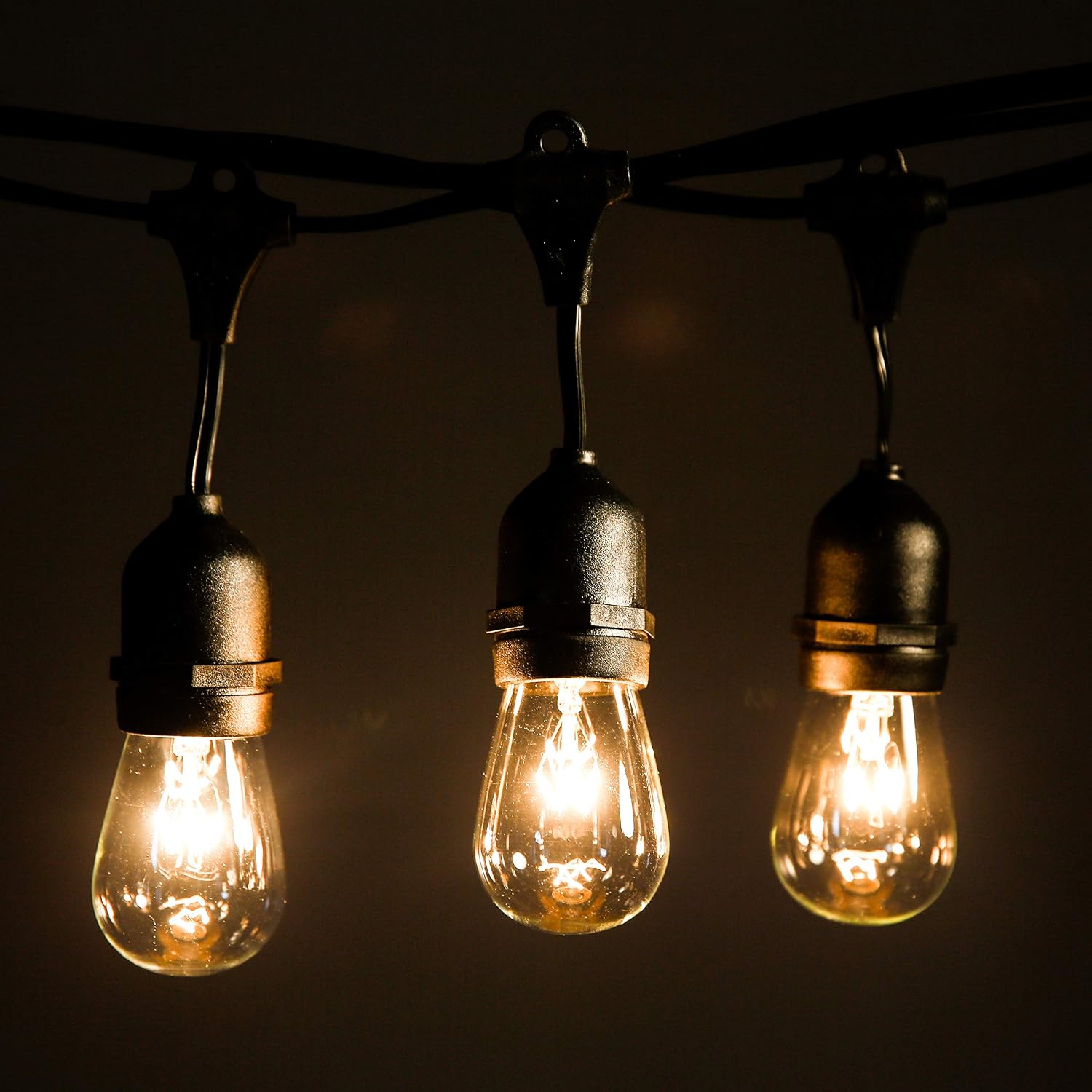 Hometown Evolution, Inc. E26 Outdoor Commercial String Lights with Suspended Socket for Weatherproof Heavy Duty Vintage Outside Lighting (S14 11 Watt Bulbs, 100 Foot 50 Socket)