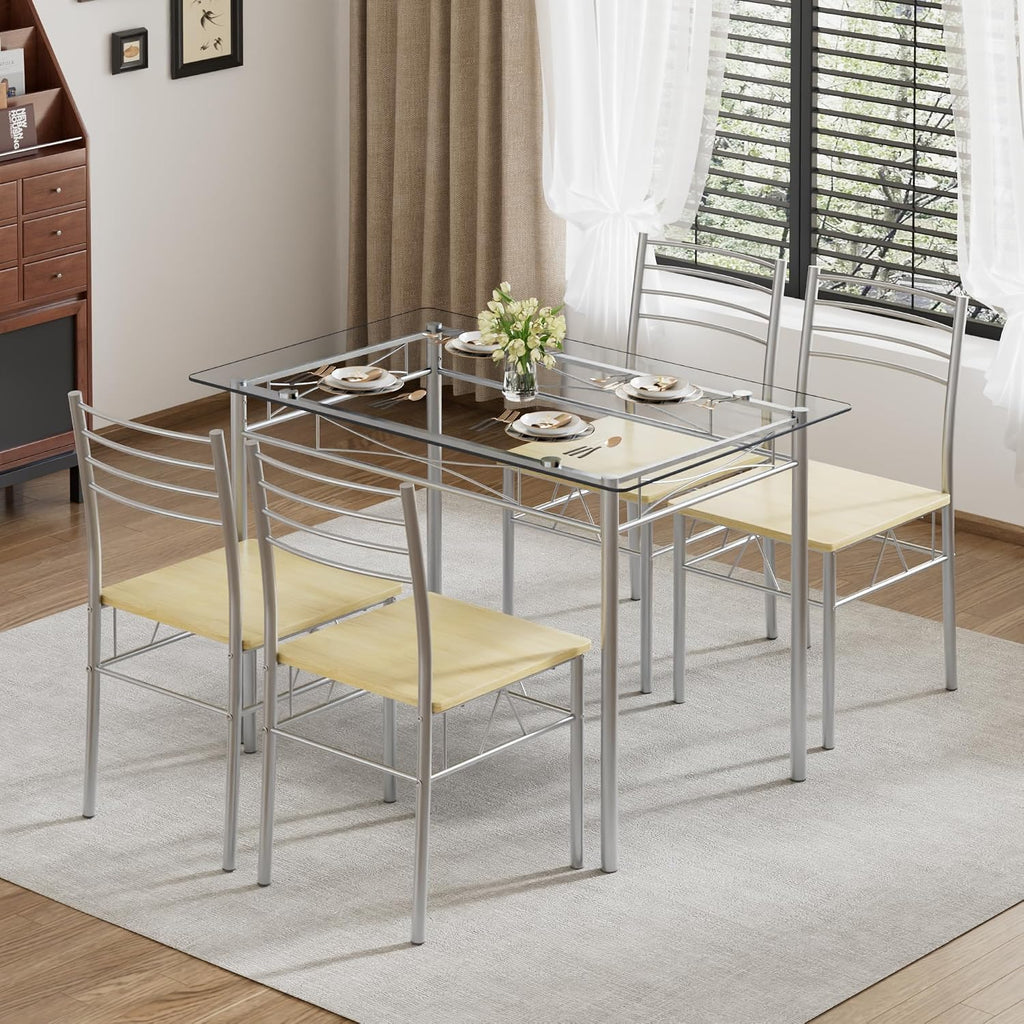 VECELO Dining Table Set for 4, 5-Piece Glass Kitchen Table with Chairs for Small Space, Breakfast Nook, Space-Saving, Silver