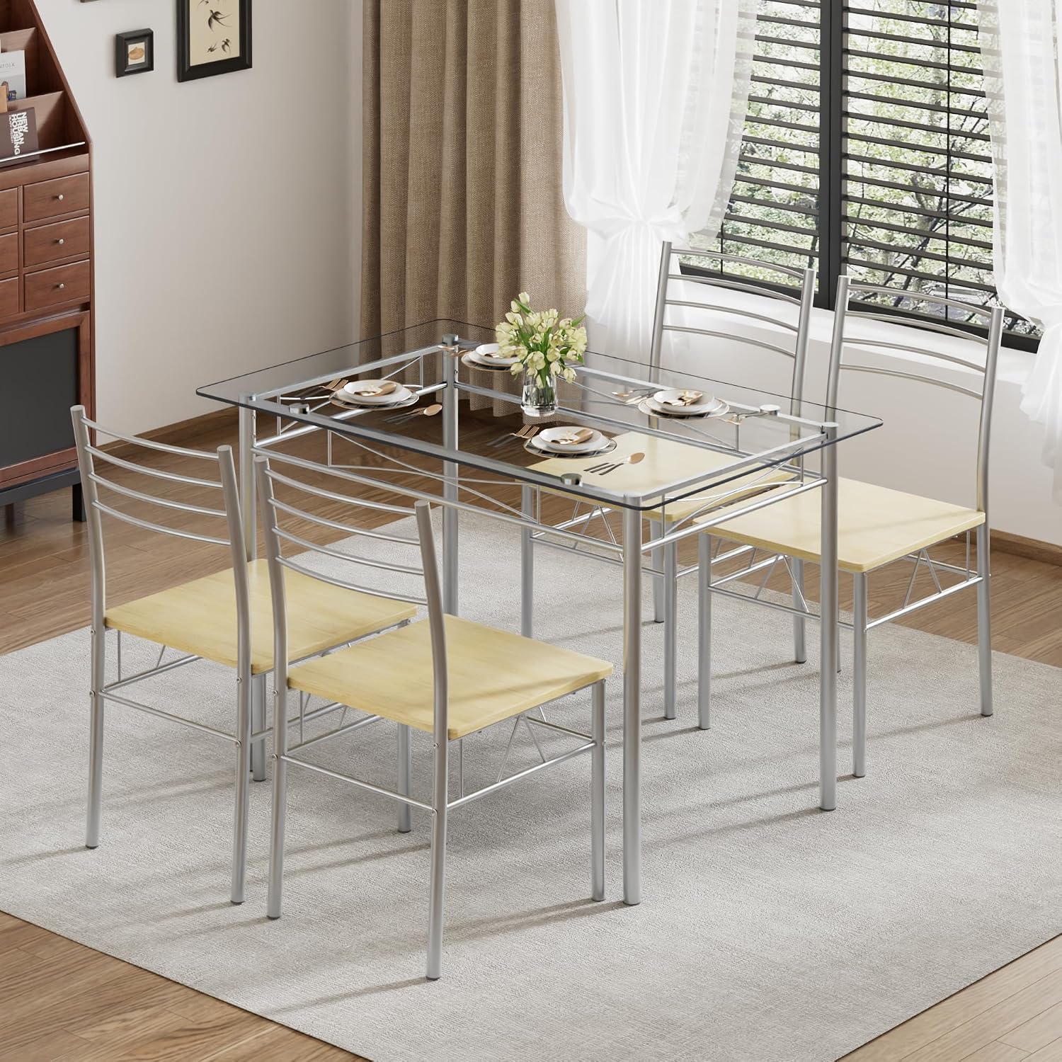 VECELO Dining Table Set for 4, 5-Piece Glass Kitchen Table with Chairs for Small Space, Breakfast Nook, Space-Saving, Silver