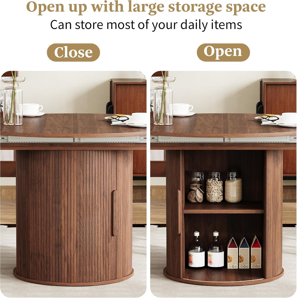 weselon 43'-59' Extendable Round to Oval Dining Table with Hidden Storage, Modern Wooden Kitchen Table with Fluted Sliding Door Cabinet, Expandable Dinner Table for Dining Room Living Room (Walnut)
