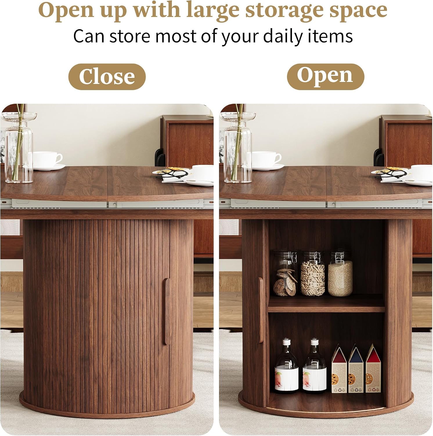 weselon 43'-59' Extendable Round to Oval Dining Table with Hidden Storage, Modern Wooden Kitchen Table with Fluted Sliding Door Cabinet, Expandable Dinner Table for Dining Room Living Room (Walnut)