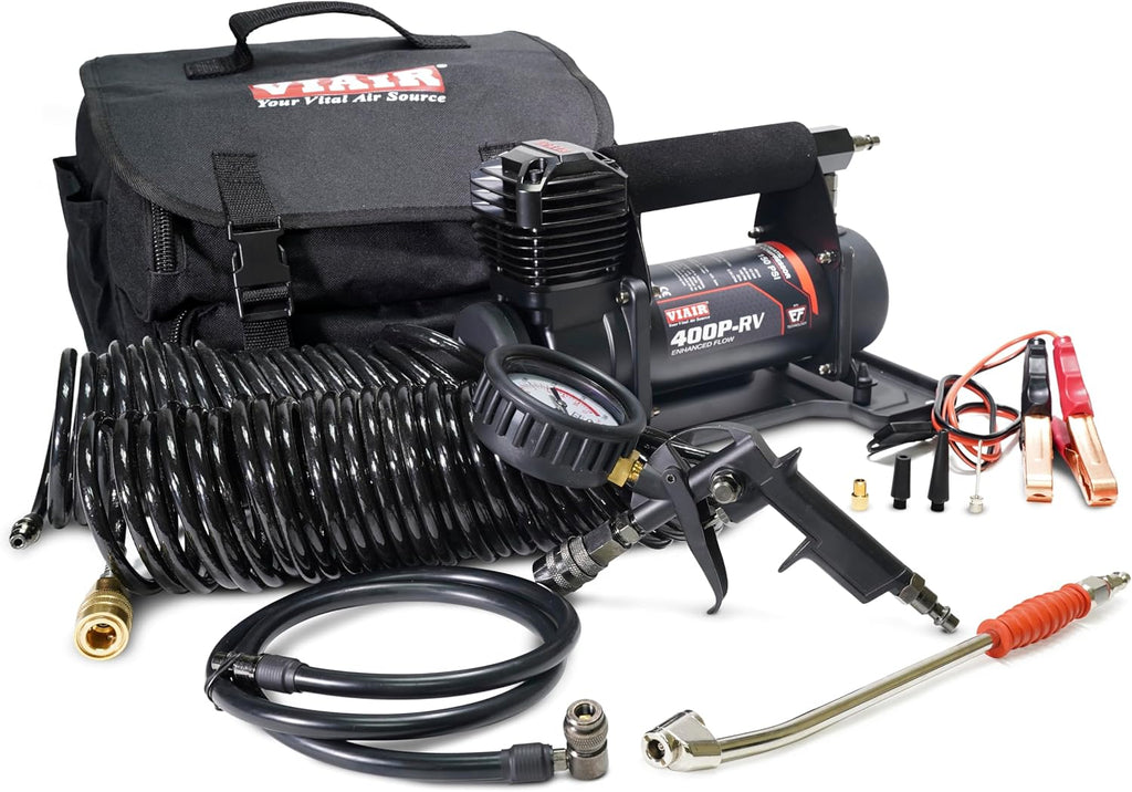 VIAIR 400P-RV EF Enhanced Flow - 40144 12V Tire Inflator Portable Air Compressor with RV Inflation Gun, 90 Degree Chuck | 33% Duty Cycle @ 100 PSI, Max Pressure 150 PSI (SAE, Alligator Clips)