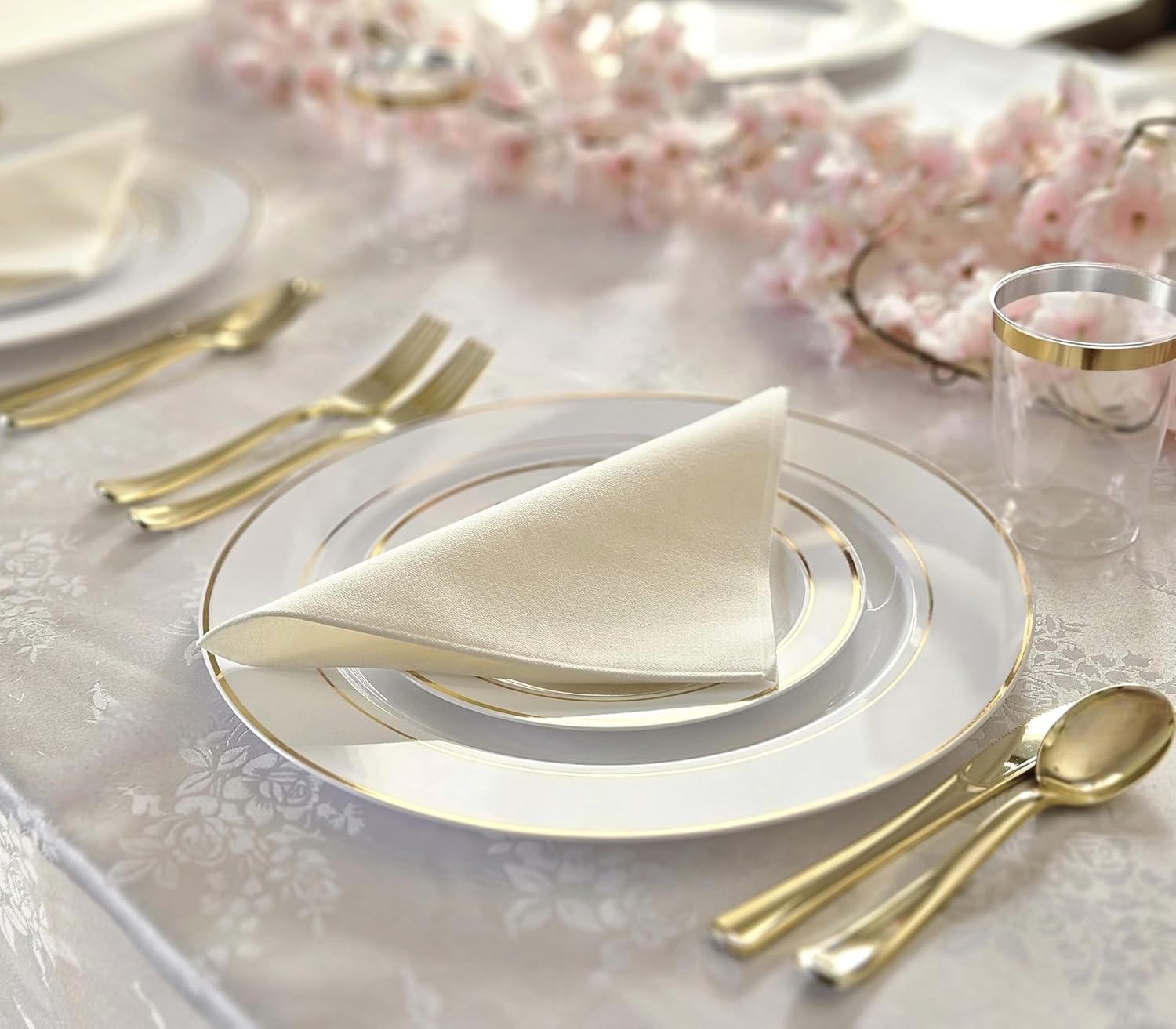 ' OCCASIONS ' 360 pcs/40 Guest- Full Tableware Set-Wedding Disposable Plastic Plates Silverware, Gold Rimmed Tumblers & Linen Feel Napkins w/napkin Rings (Combo C, White & Gold Rim)