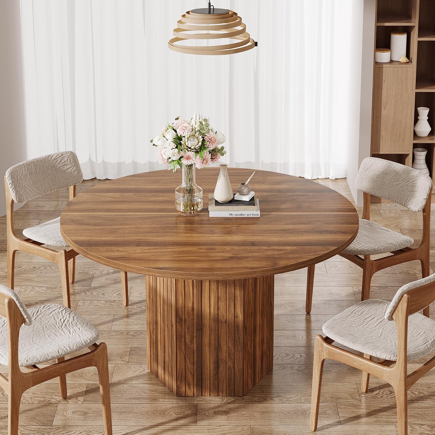 Tribesigns Wood Round Dining Kitchen Table for Dining Room, 47 inch Dinner Table 4-6 People with Heavy Duty Pedestal Base Circle Tabletop for Kitchen Living Room, Brown