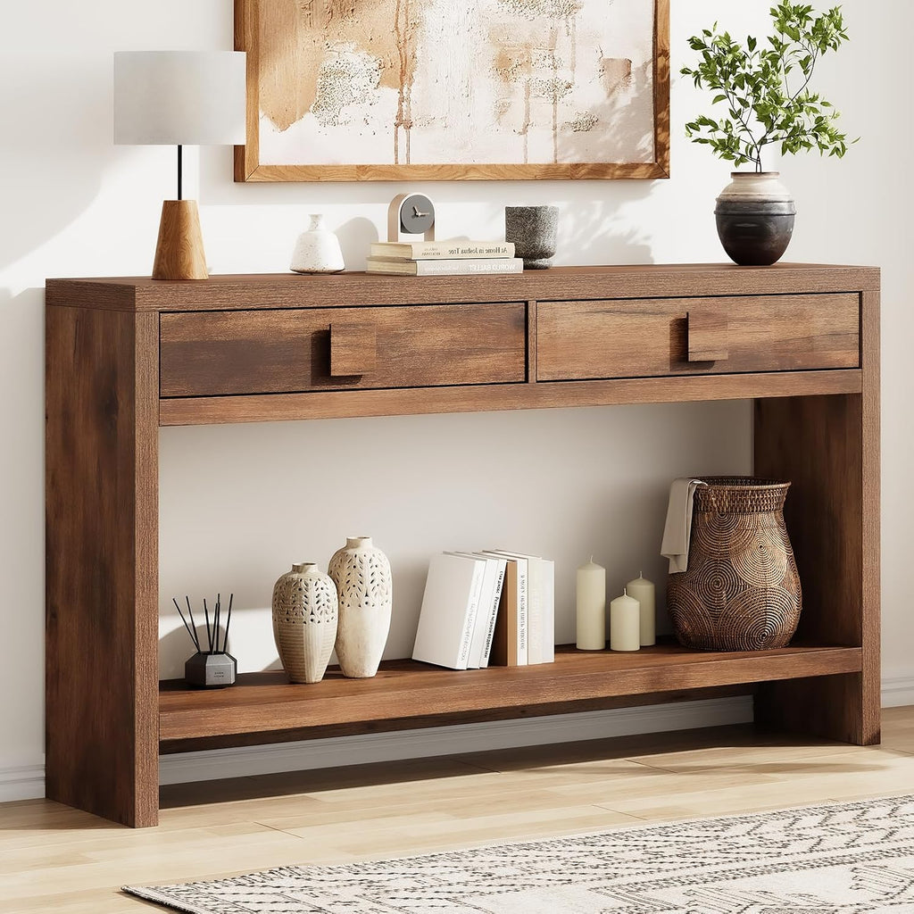 ONBRILL Console Table with Drawers, 55 Inch Narrow Entryway Table with Open Storage Shelves, Mid Century Modern Hallway Accent Tables Behind Couch Table for Living Room (Vintage Brown)