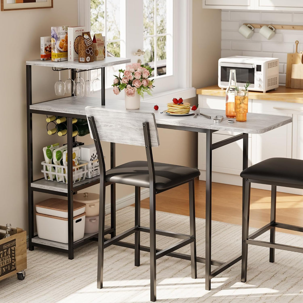 Garvee Dining Table Set for 2, 3-Piece Expandable Bar Table and Chairs Set, with Storage Shelves and Wine Rack, Small Kitchen Dining Set for Living Room, Apartment