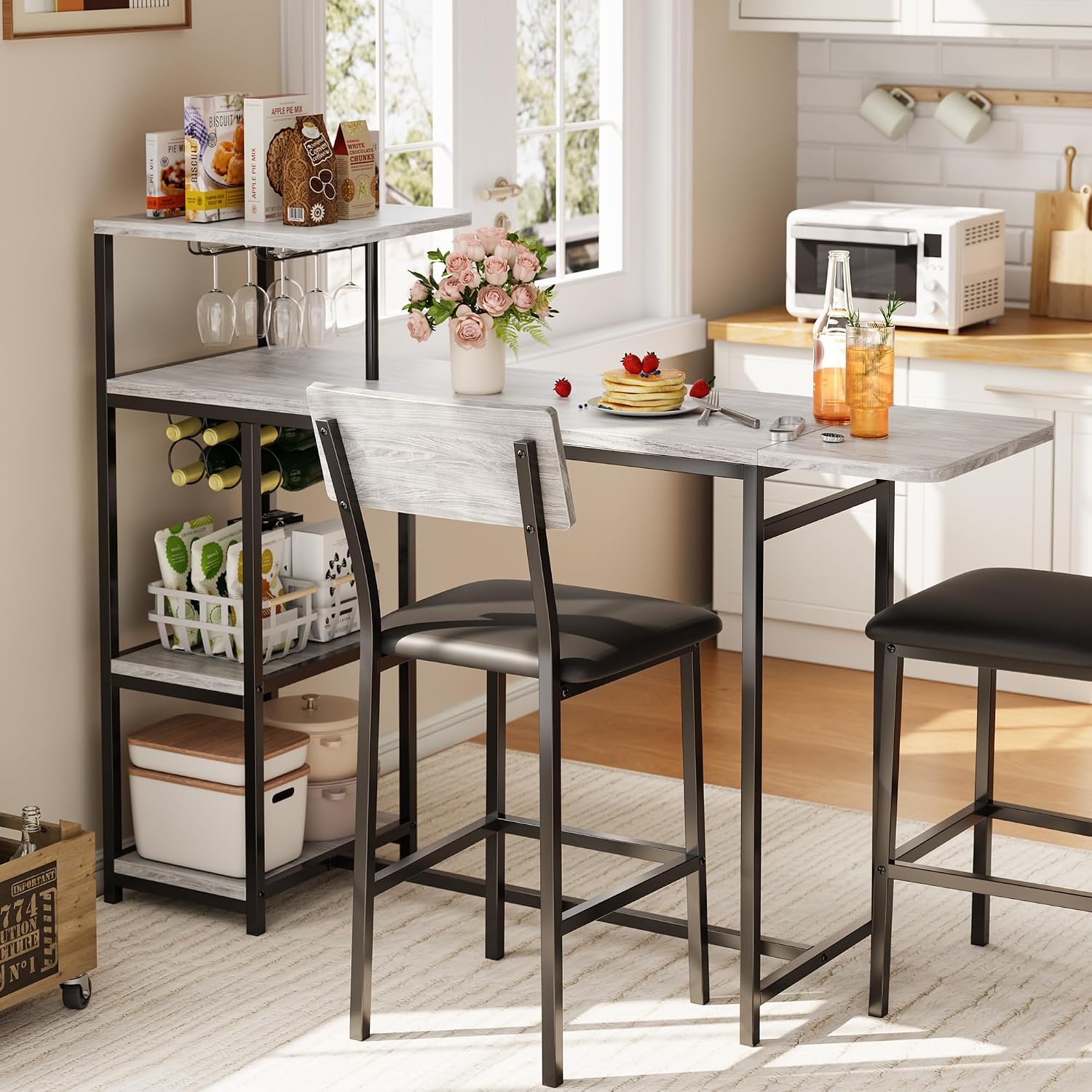 Garvee Dining Table Set for 2, 3-Piece Expandable Bar Table and Chairs Set, with Storage Shelves and Wine Rack, Small Kitchen Dining Set for Living Room, Apartment