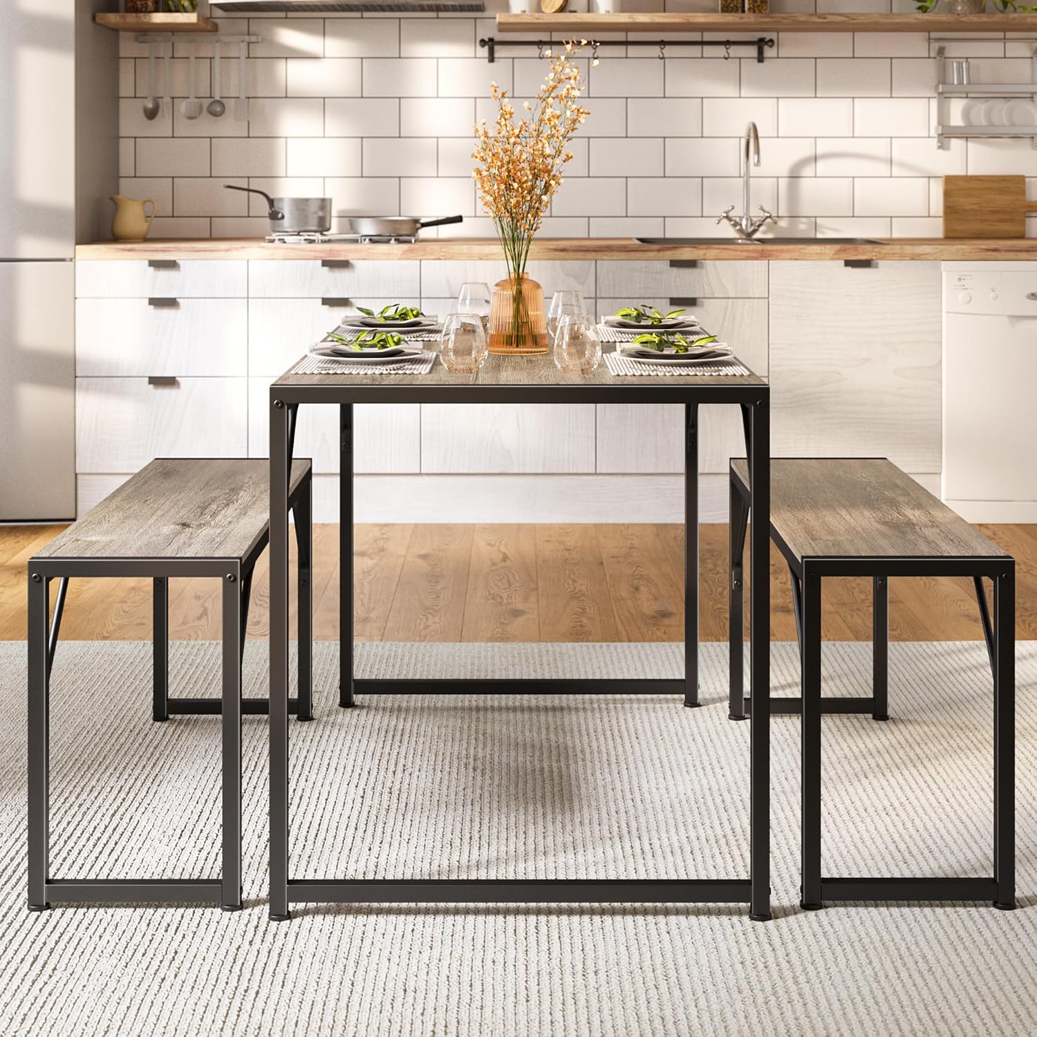 Bealife Dining Table Set for 4 with Metal Frame and MDF Board, Space Saving Kitchen Table with 2 Benches, Kitchen Table Set for Apartment, Dining Room, Breakfast Nook, Grey