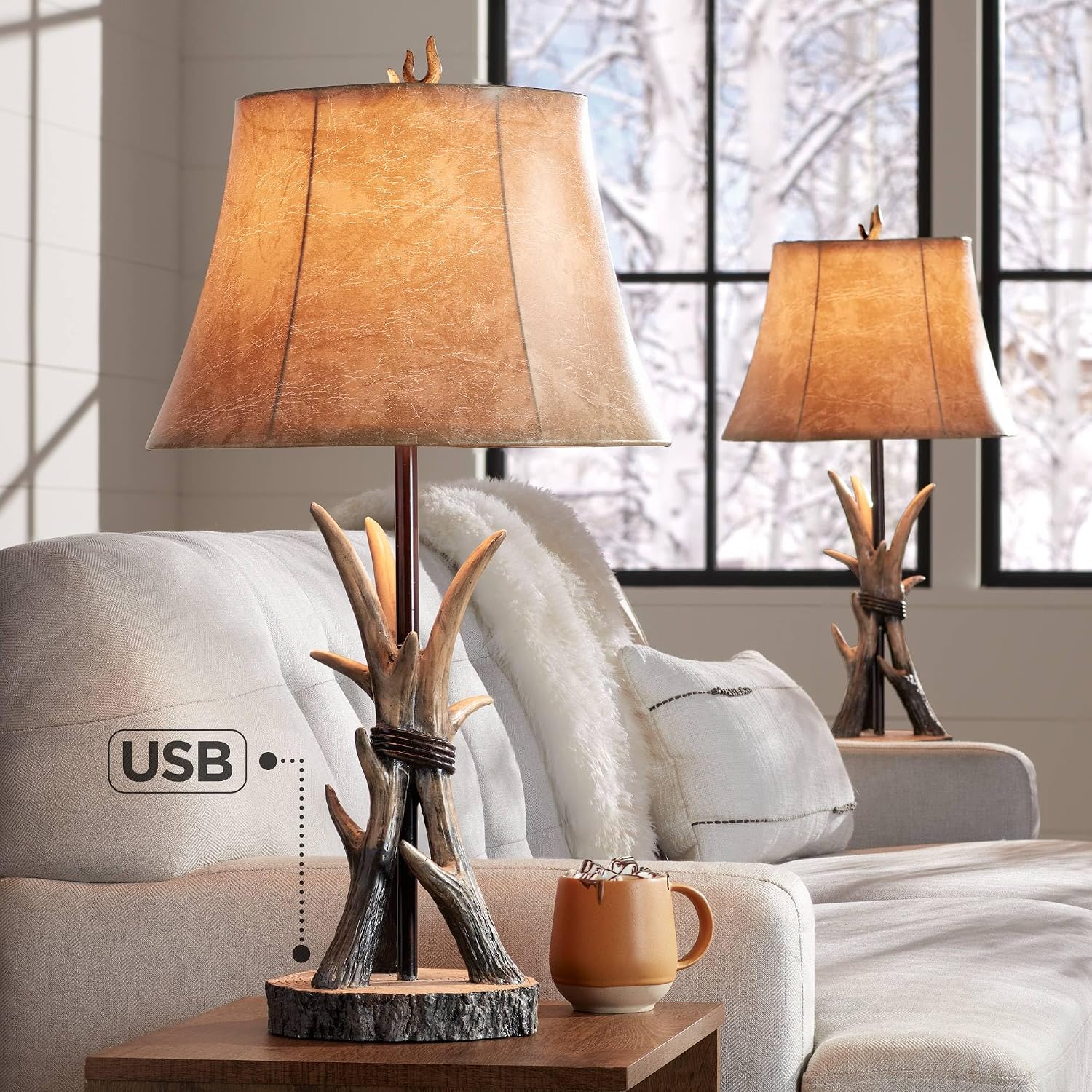 John Timberland Boone Rustic Western Cottage Core Table Lamps 27.5' Tall Set of 2 with USB Charging Port Natural Antler Bell Shade Decor for Living Room Bedroom House Bedside Nightstand Home Office