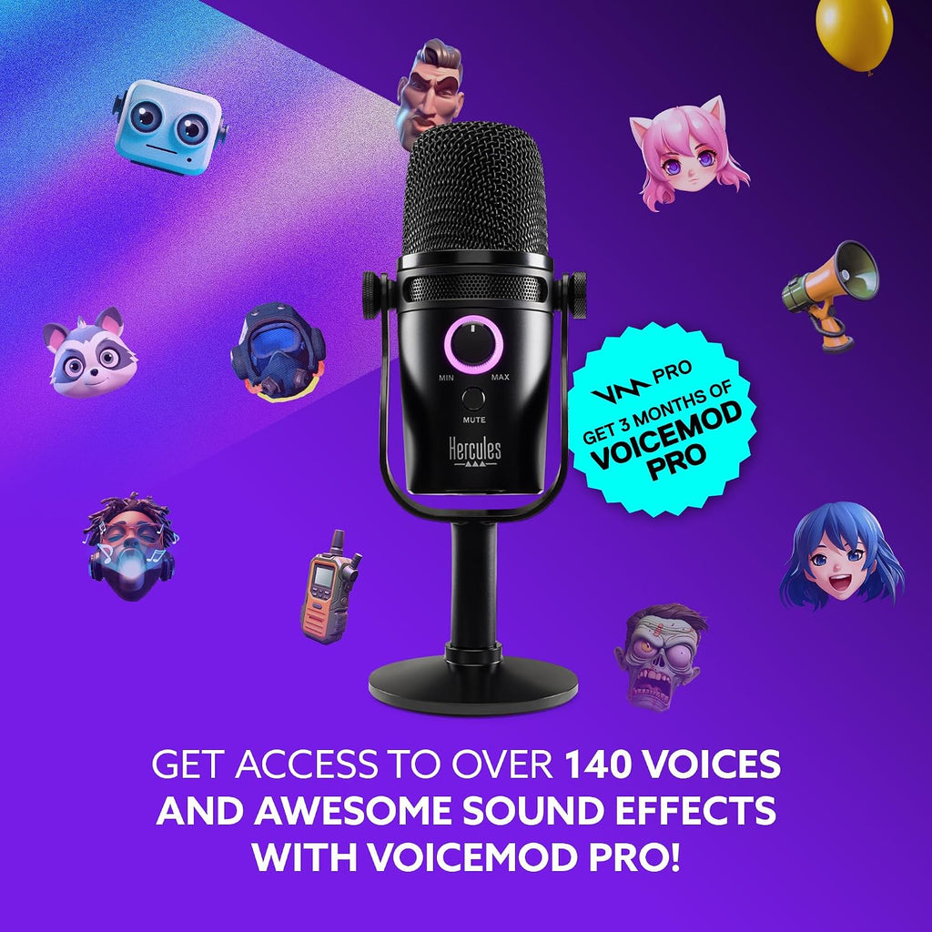 Hercules Stream Starter Kit, Includes Stream 100 and HUD-600 USB Microphone + 3 Months Voicemod Pro, Core Streaming apps pre-Integrated (OBS, Streamlabs), Compatible with PC Only