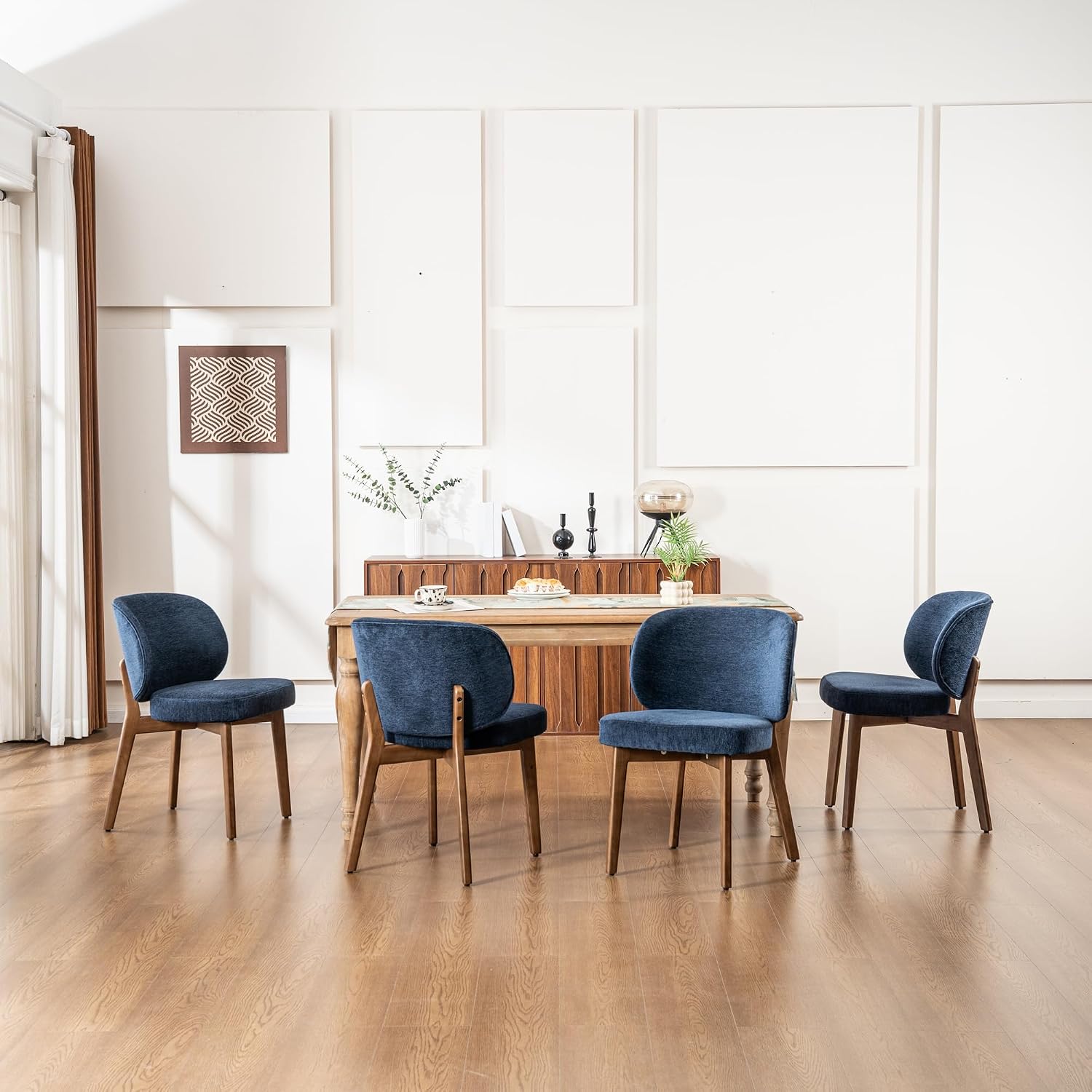 YOUNIKE Dining Chair with Back Single Mid Century Modern Kitchen Chair Boucle Fabric Upholstered Armless Chair 20' Wide Padded Seat with Wooden Legs for Kitchen Dining Living Room Bedroom Navy Blue