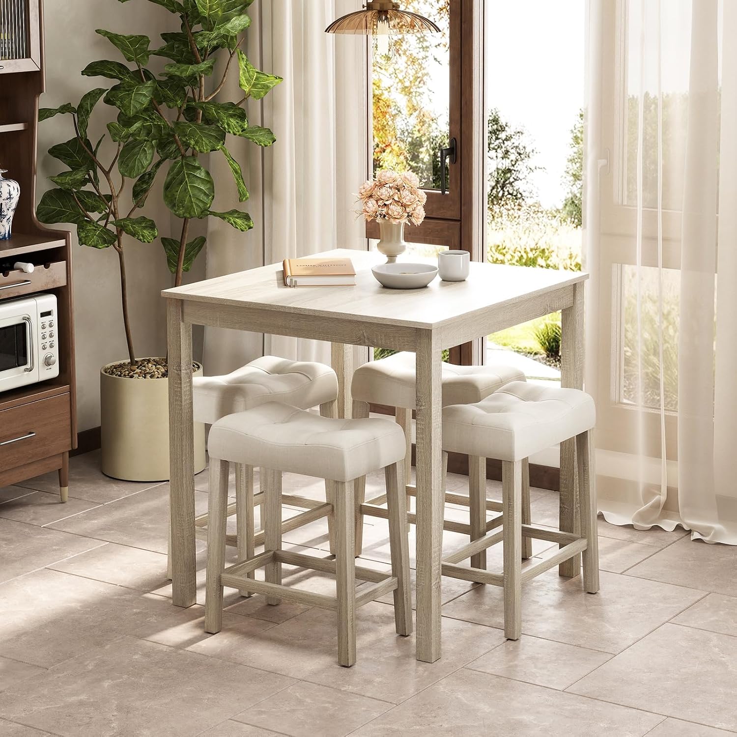 Giantex 5-Piece Bar Table Set with 35'x35 Square Table, 18'x11 Padded Stools, Rubber Wood Legs, Footrest, Bar Table and Chairs Set for Kitchen, Dinette, Small Space, Dining Table Set for 4
