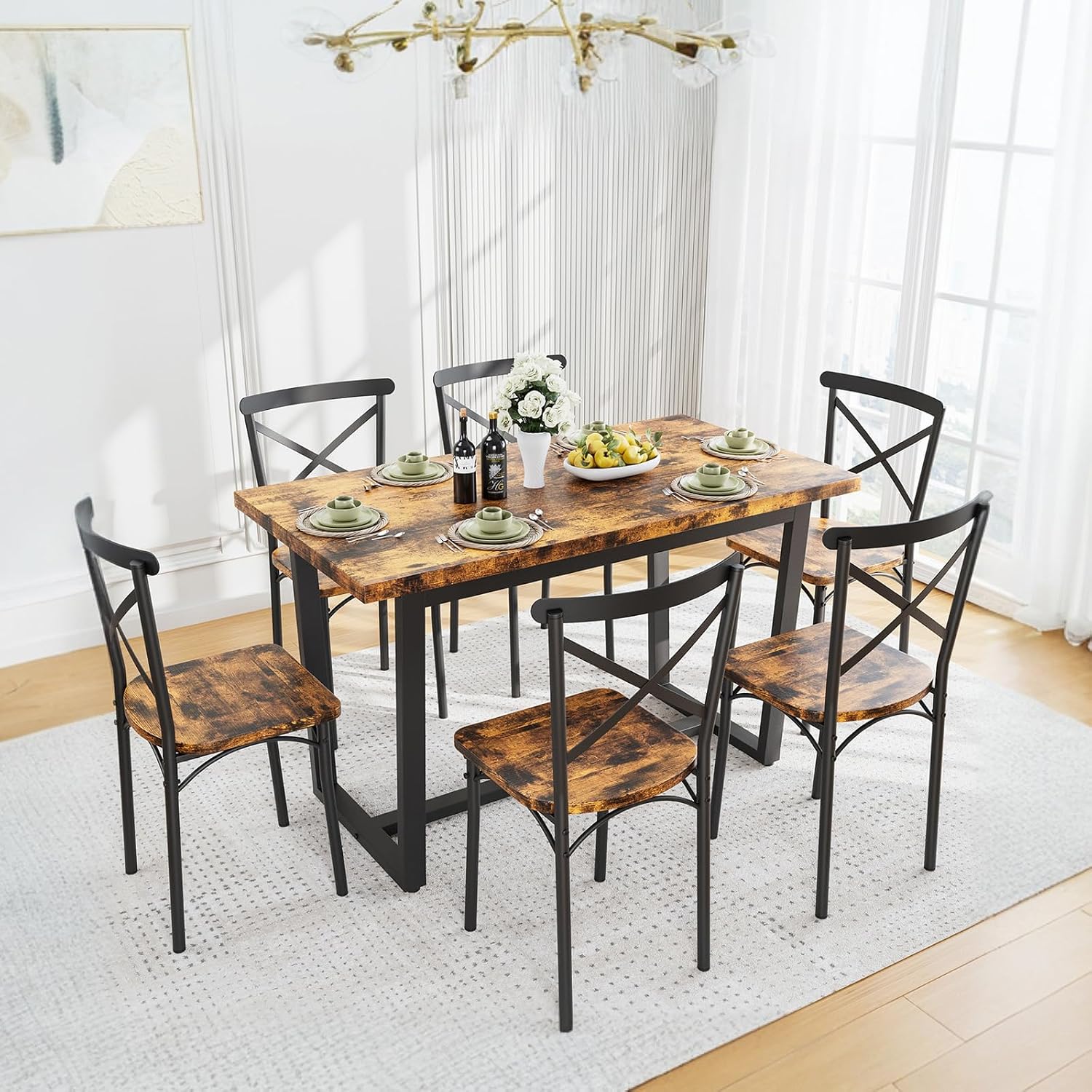 Zevemomo 7-Piece Dining Table with Chairs Set, Rectangular Metal Frame Table with 6 Chairs, Kitchen Table Chairs Set of 6, Wooden Farmhouse Dining Table Set for Dining Room and Living Room, Brown