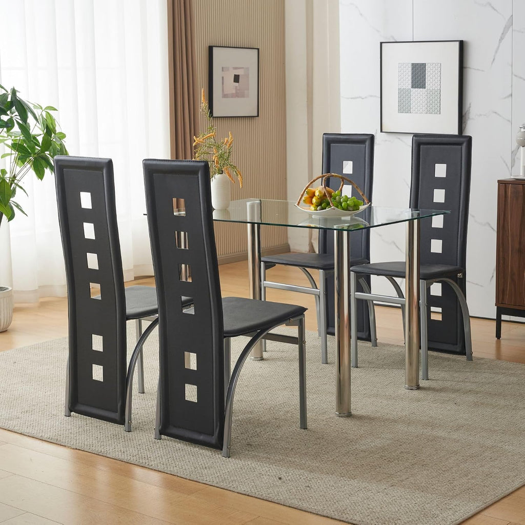 Karl home Modern Hollow Dining Chair Set of 4, Black Dining Chairs with PVC Backrest & Leather Cushion, Dining Chair for Kitchen & Dining Room, 300lbs Weight Capacity