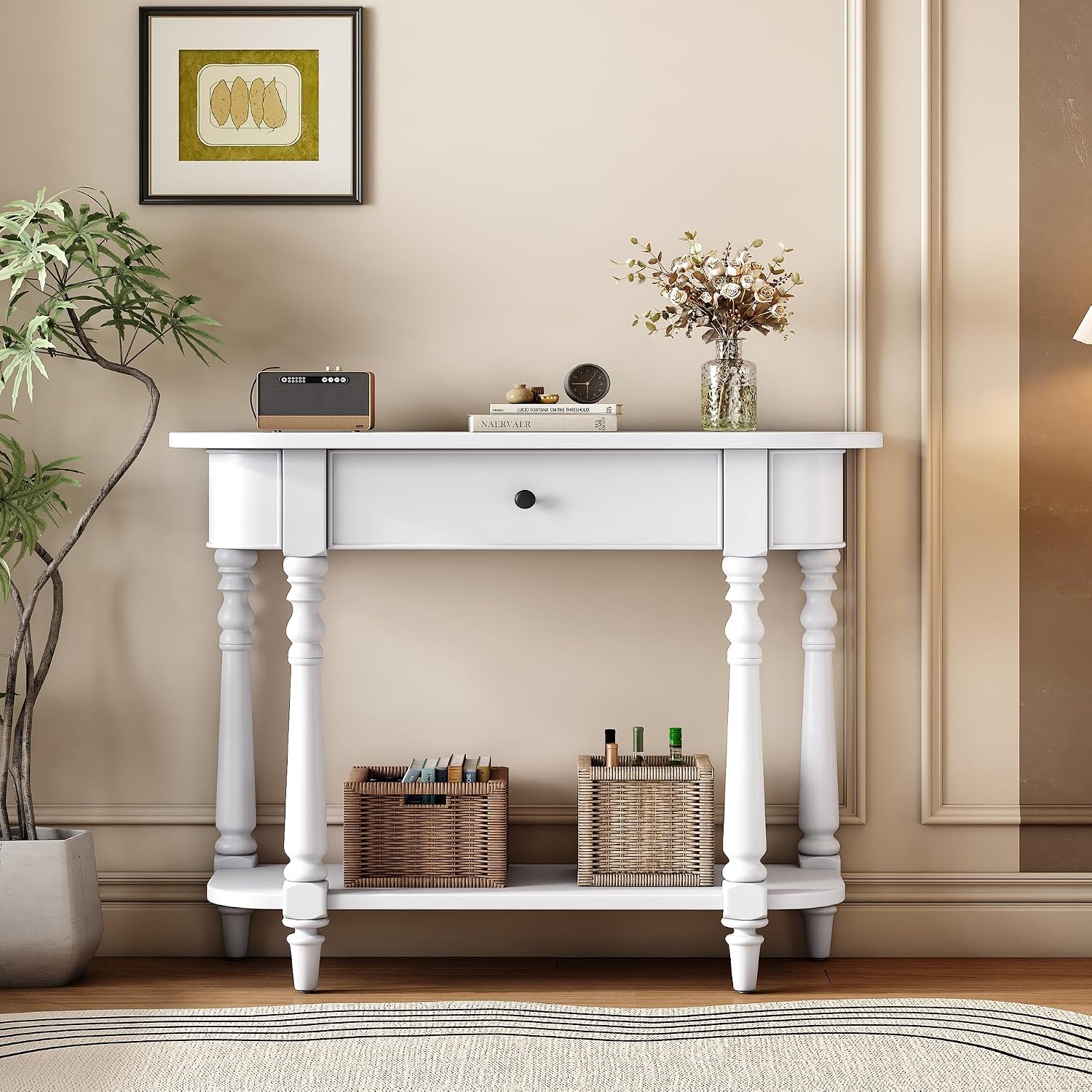 LKTART Solid Wood Corner-Curved Console Table,Farmhouse Space-Saving Entryway Sofa Table with Drawer & Open Shelf for Living Room,Hallway,Foyer(White 36')