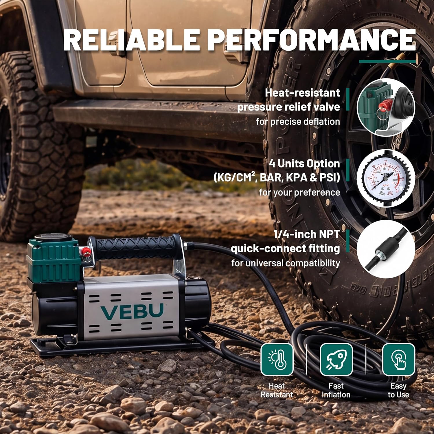 12V Air Compressor, 125PSI Tire Inflator with In-line Pressure Gauge, 5.65CFM Fast Inflation for Off-road Vehicles, Trucks, SUVs, RVs, ATVs, DC Power, Corded Electric