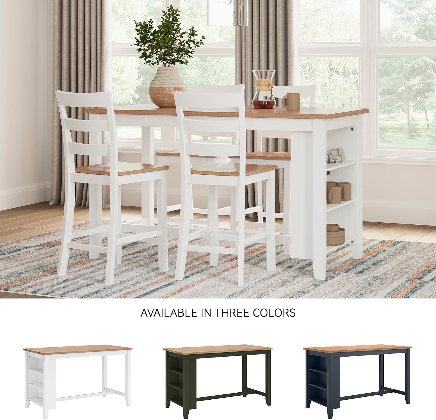 Signature Design by Ashley Gesthaven Farmhouse Counter Height Dining Table with 3 Shelves and Trestle Base, Light Brown & White