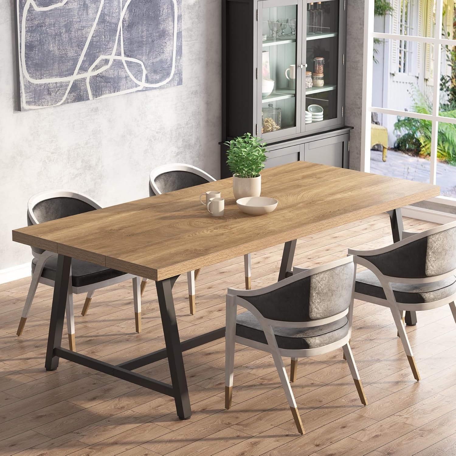 Tribesigns Dining Table for 8 People, 70.87-inch Rectangular Wood Kitchen Table with Strong Metal Frame, Vintage Large Long Dining Room Table for Big Family (Yellow Brown)
