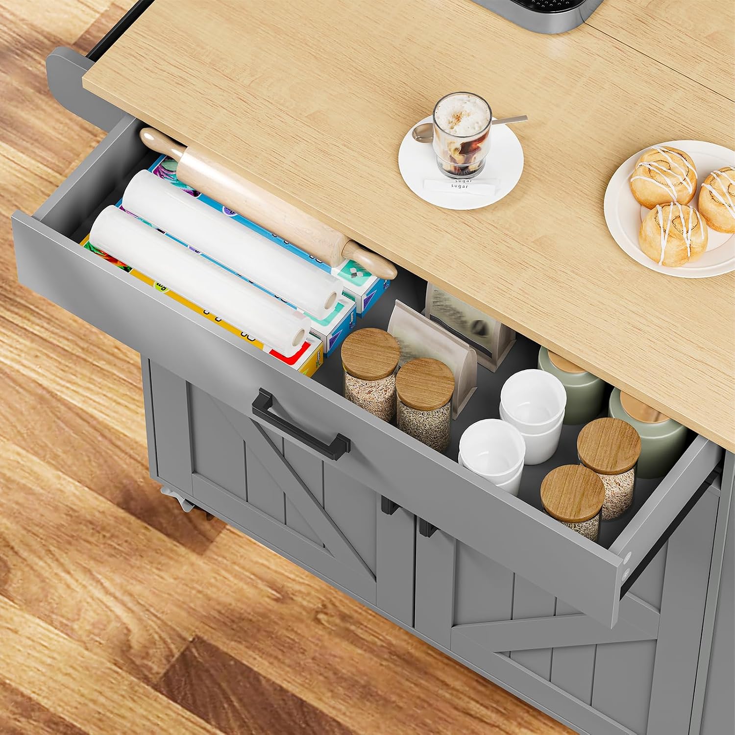 HOOBRO Kitchen Island with Drop Leaf Countertop & Power Outlet, Rolling Island Cart on Wheels, Kitchen Cart with Drawer & Spice Rack, Mobile Island Table for Kitchen, Natural and Grey GN86UZD01