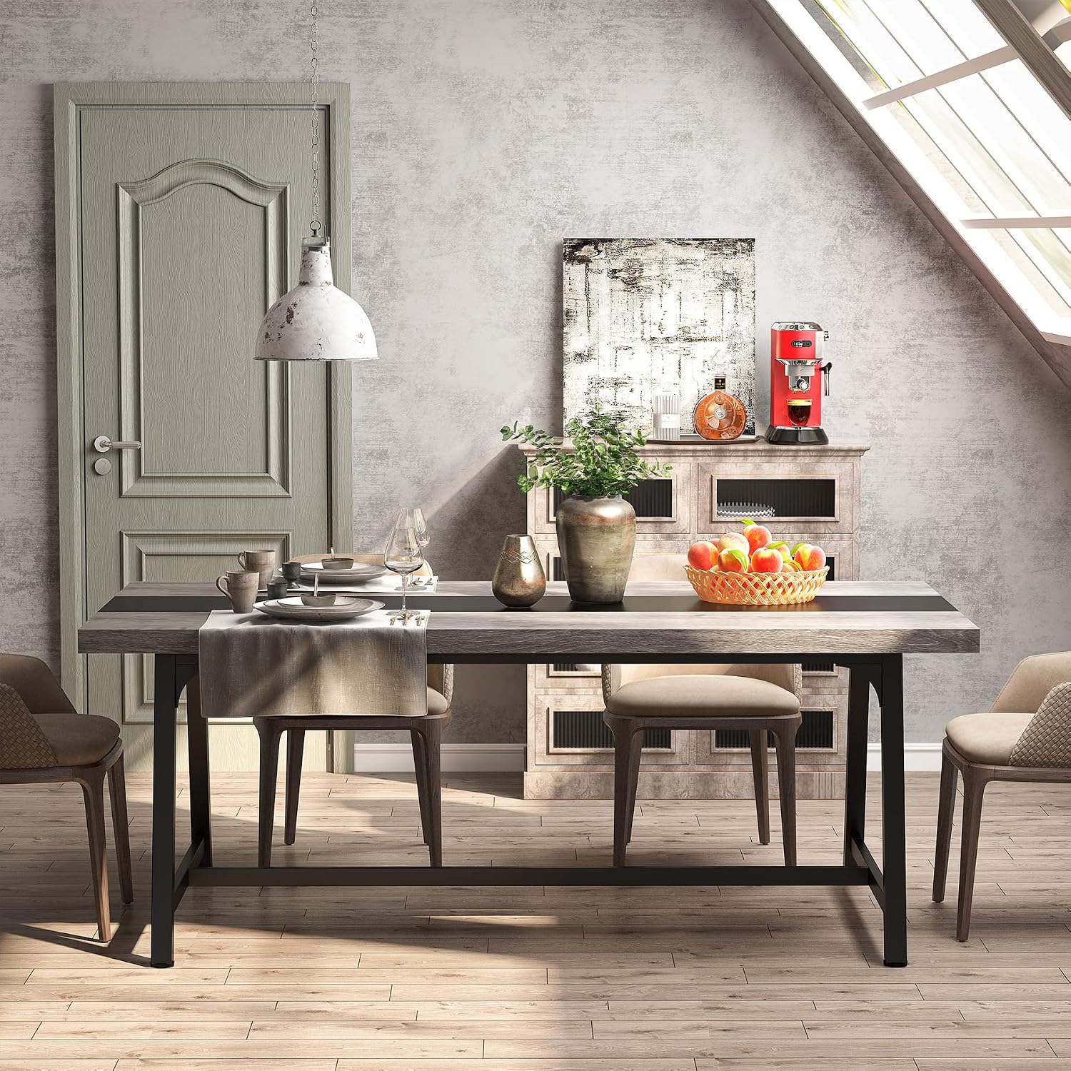 Tribesigns Dining Table for 8 People, 70.87-inch Rectangular Wood Kitchen Table with Strong Metal Frame, Industrial Large Long Dining Room Table for Big Family (Gray, No Chair)