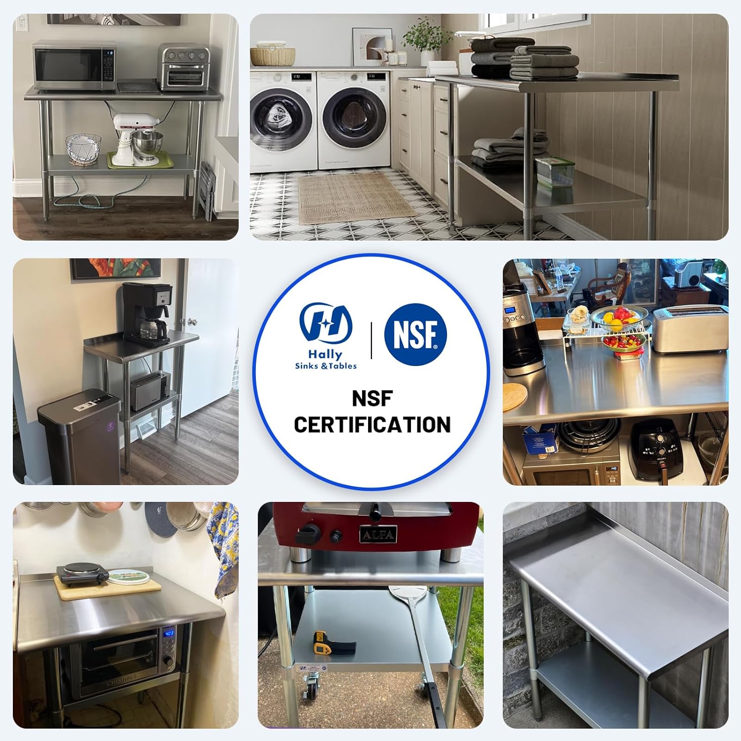 Hally Stainless Steel Table for Prep & Work 14 x 30 Inches, NSF Commercial Heavy Duty Table with Undershelf and Backsplash for Restaurant, Home and Hotel