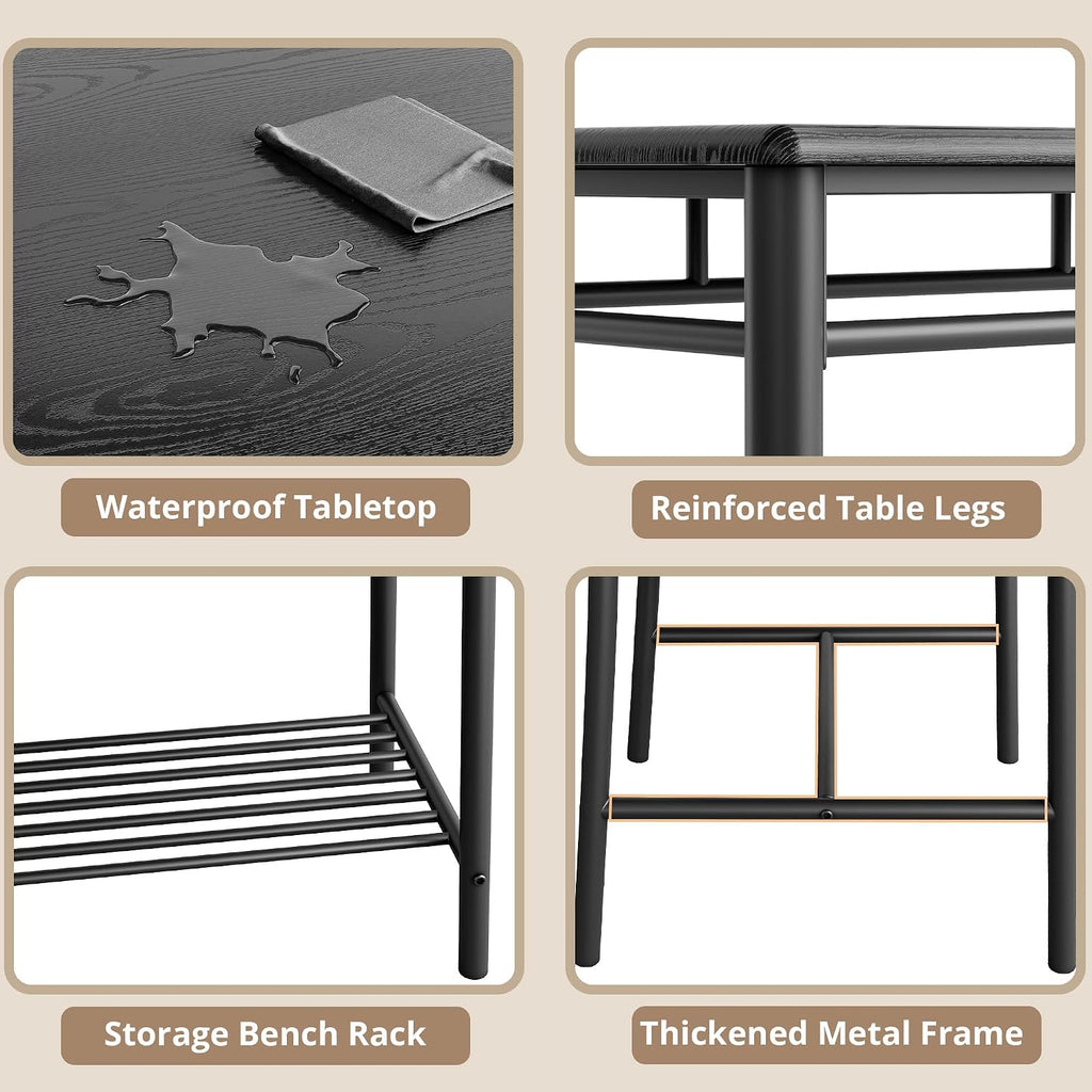 IRONCK Dining Table Set for 4, Kitchen Table with Upholstered Bench and 2 Chairs, Kitchen Table and Chairs Set for Small Space, Apartment, Black
