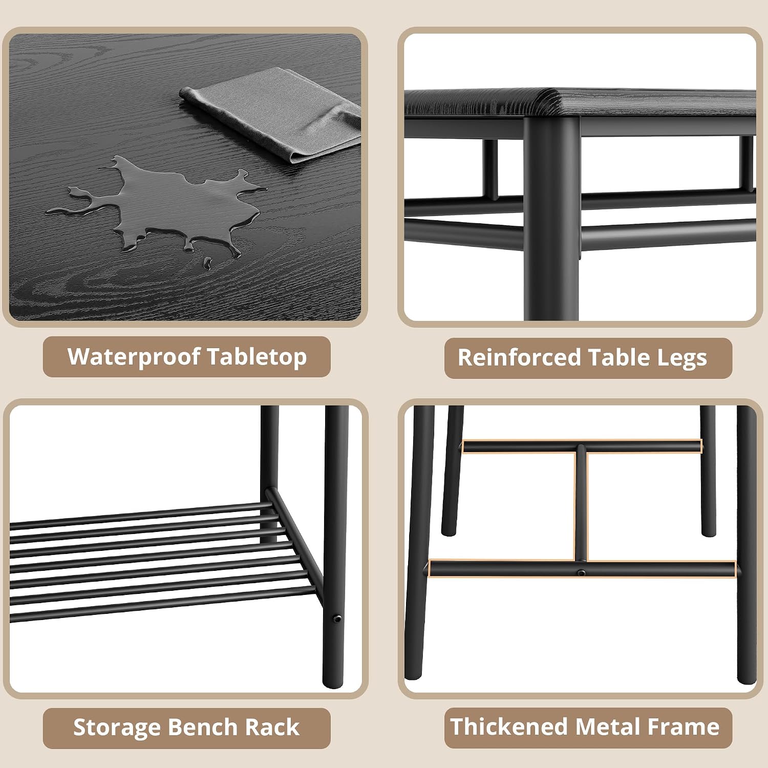 IRONCK Dining Table Set for 4, Kitchen Table with Upholstered Bench and 2 Chairs, Kitchen Table and Chairs Set for Small Space, Apartment, Black