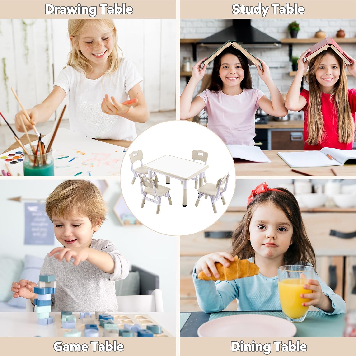 Adjustable Kids Table & Chairs Set for Ages 3-8 | 31.5'x23.6' Easy-Clean Activity Table | Meets ASTM/CPSC Standards for Daycare, Homeschool & Playroom (Natural, 4 Chairs)