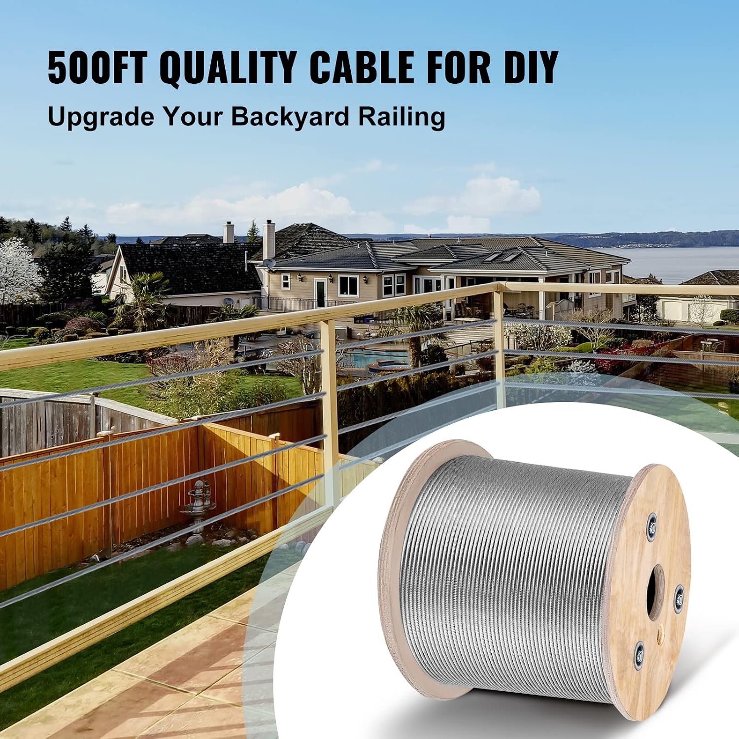 Happybuy Stainless Steel Cable 3/16'x 500ft, T304 Marine Grade Deck Cable Railing, 7x19 Strands Construction Braided Aircraft Cable for Deck Rail String Lights Hanging Porch Fence DIY Baluster