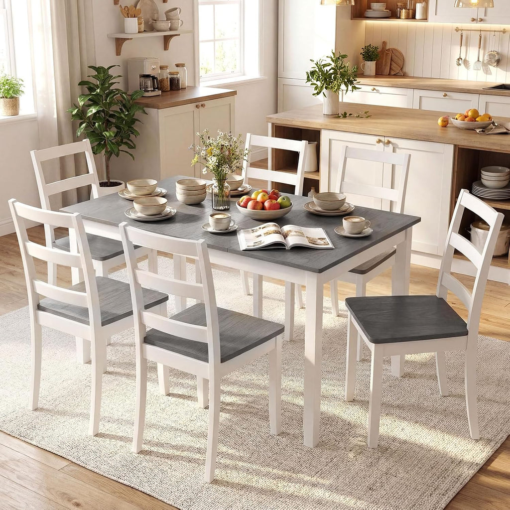 Giantex 7-Piece Dining Table Set for 6, Rectangular 60-inches Kitchen Table and 6 Dining Chairs with Rubber Wood Legs, Protective Foot Pads, Farmhouse Dinette Set for Dining Room, Restaurant (Gray)
