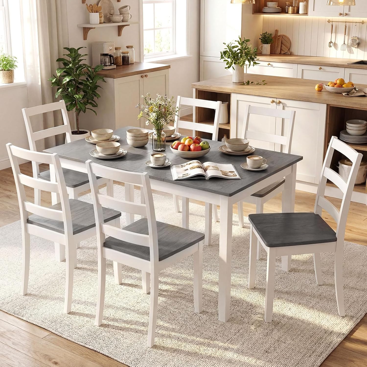 Giantex 7-Piece Dining Table Set for 6, Rectangular 60-inches Kitchen Table and 6 Dining Chairs with Rubber Wood Legs, Protective Foot Pads, Farmhouse Dinette Set for Dining Room, Restaurant (Gray)