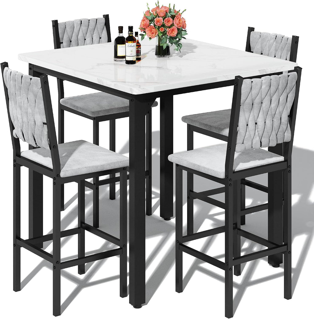 AWQM 5-Piece Dining Table Set, Dining Table Set for 4, Counter Height Table & 4 Velvet Bar Stools, Modern Kitchen Dining Set, Compact Dining Set for Small Spaces (Marble Texture & Velvet Chairs)