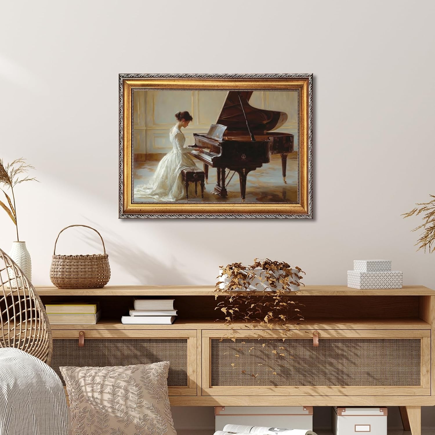 Large Framed Victorian Serenade Oil Painting Wall Art Romantic Woman Playing Piano Canvas Print Vintage Female Poster Elegant Victorian Era Artwork Picture Decor for Bedroom Living Room 24x36inch